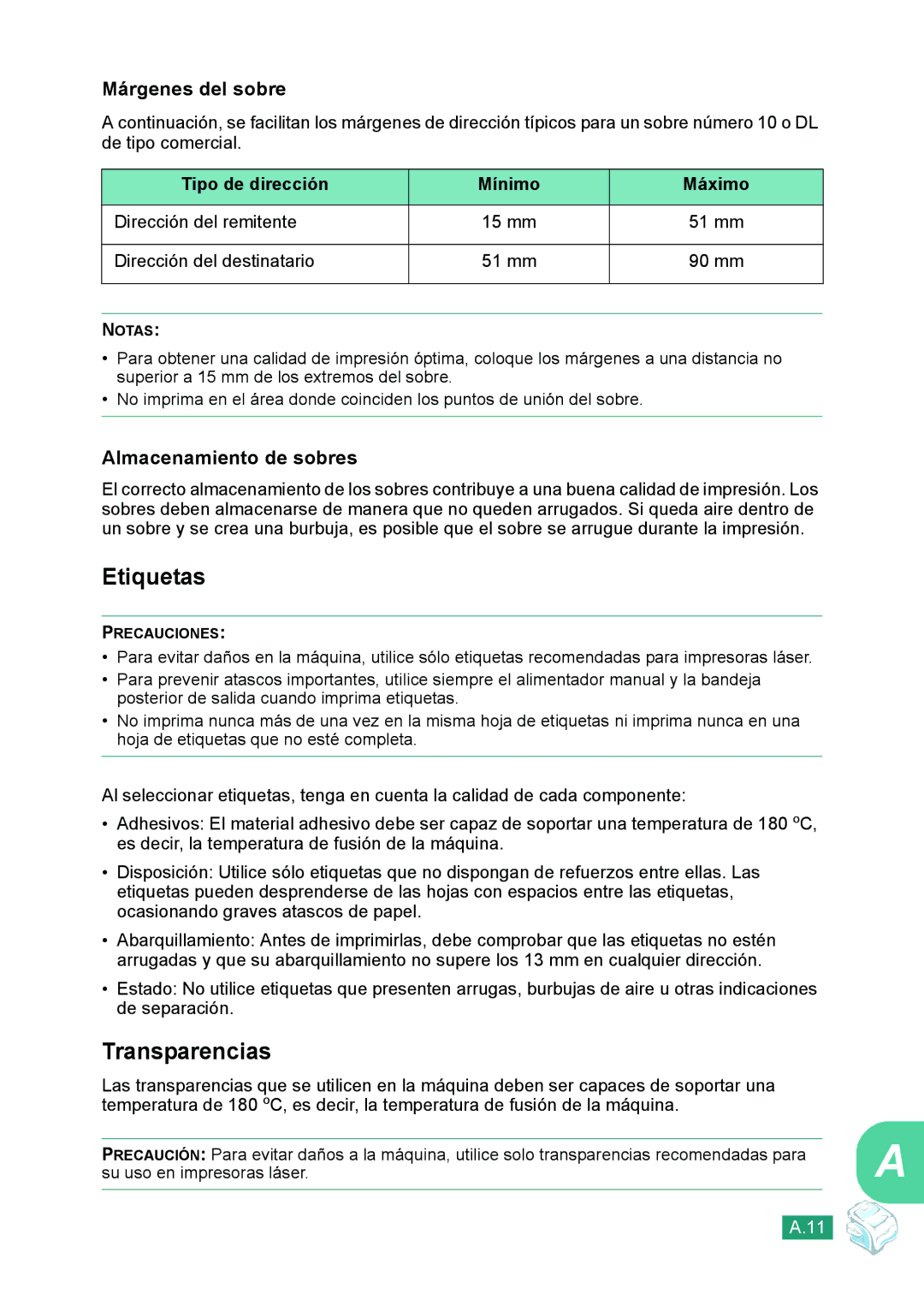 Samsung 560 manual Etiquetas, Transparencias, Márgenes del sobre, Almacenamiento de sobres, Tipo de dirección Mínimo Máximo 