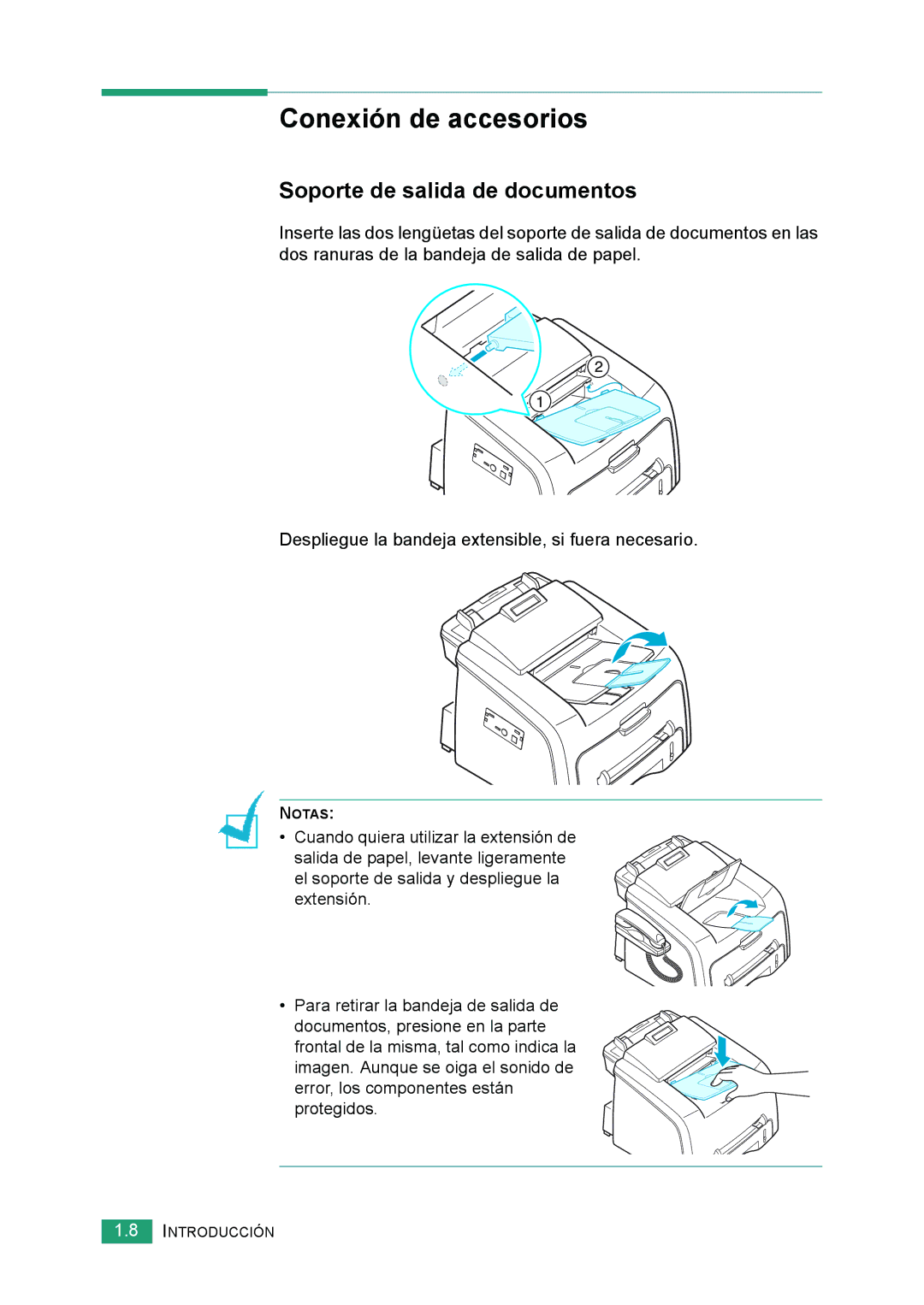 Samsung 560 manual Conexión de accesorios, Soporte de salida de documentos 