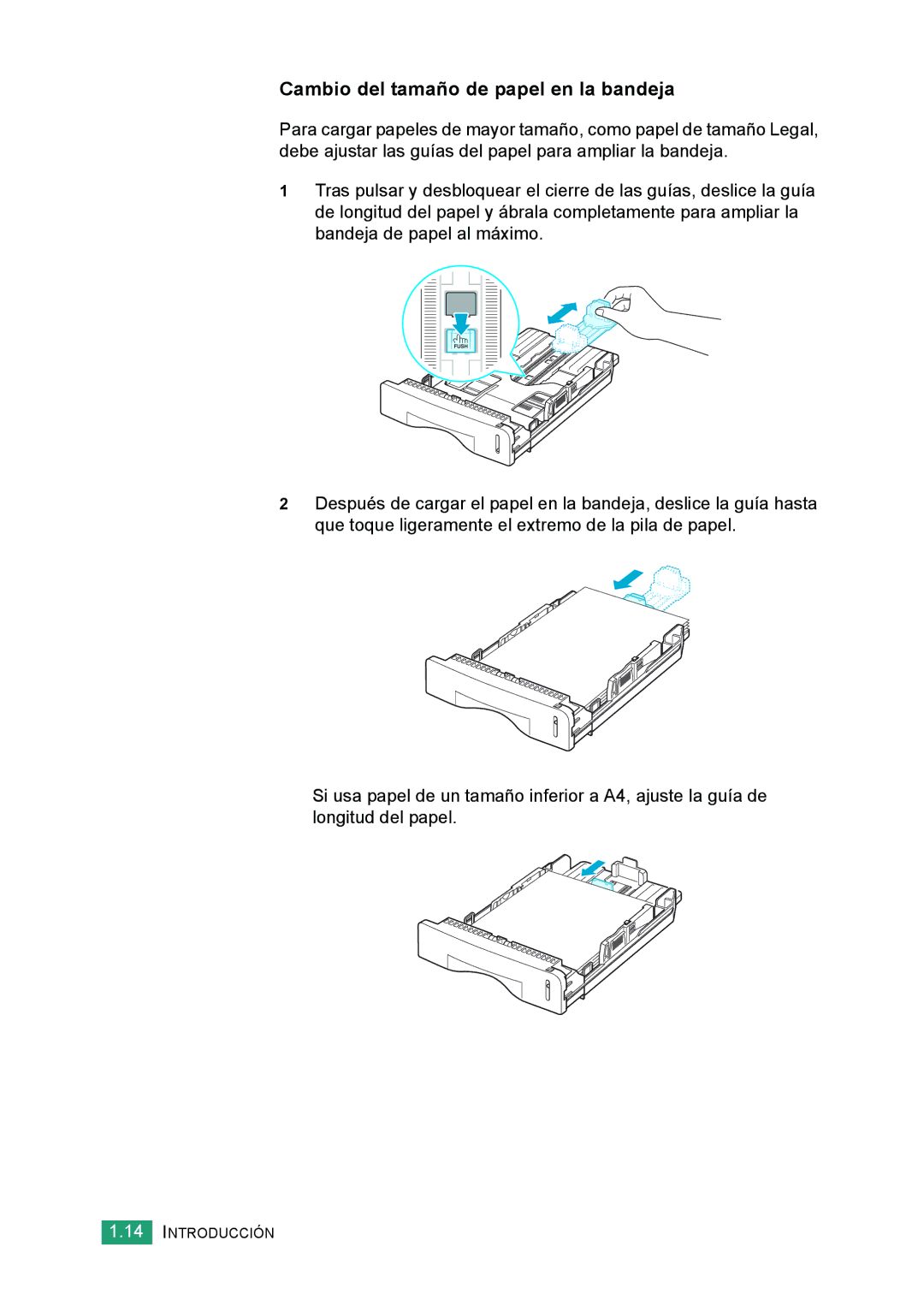 Samsung 560 manual Cambio del tamaño de papel en la bandeja 