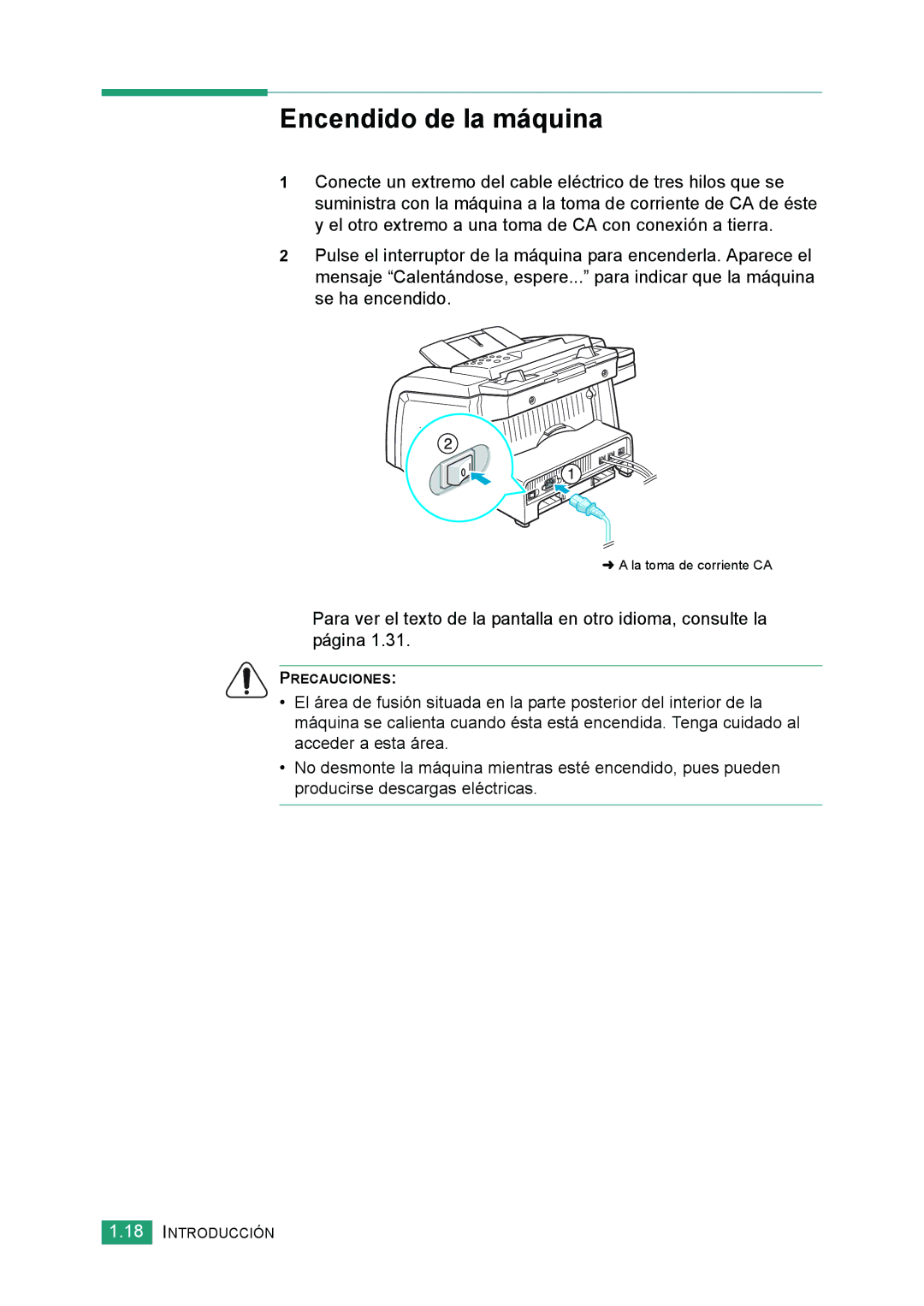 Samsung 560 manual Encendido de la máquina 