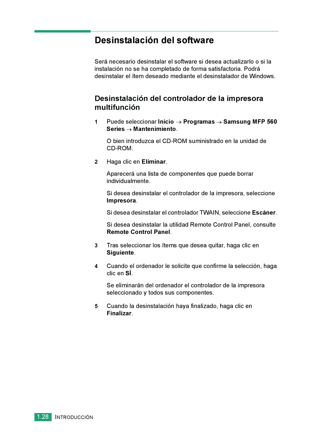 Samsung 560 manual Desinstalación del software, Desinstalación del controlador de la impresora multifunción 