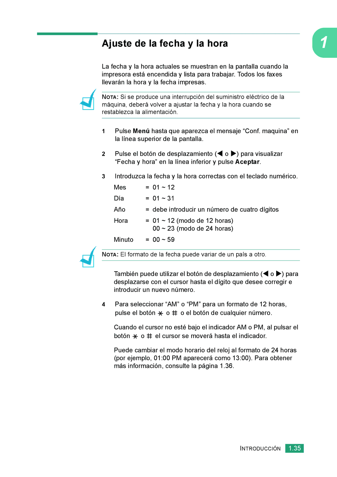 Samsung 560 manual Ajuste de la fecha y la hora 