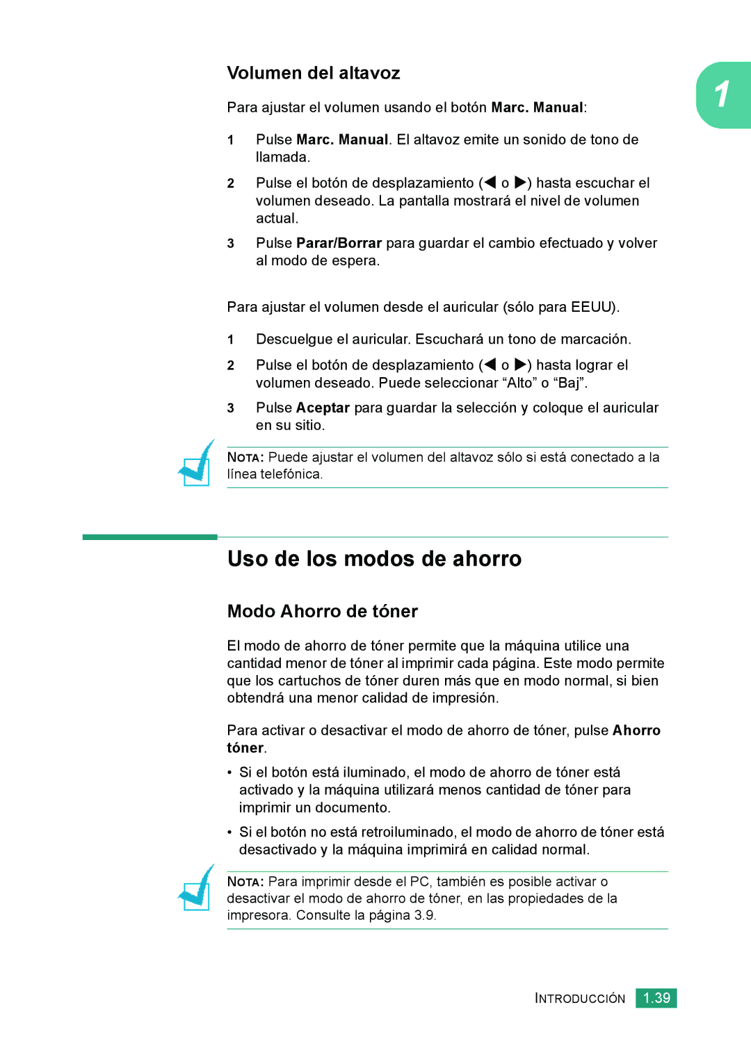 Samsung 560 manual Uso de los modos de ahorro, Volumen del altavoz, Modo Ahorro de tóner 