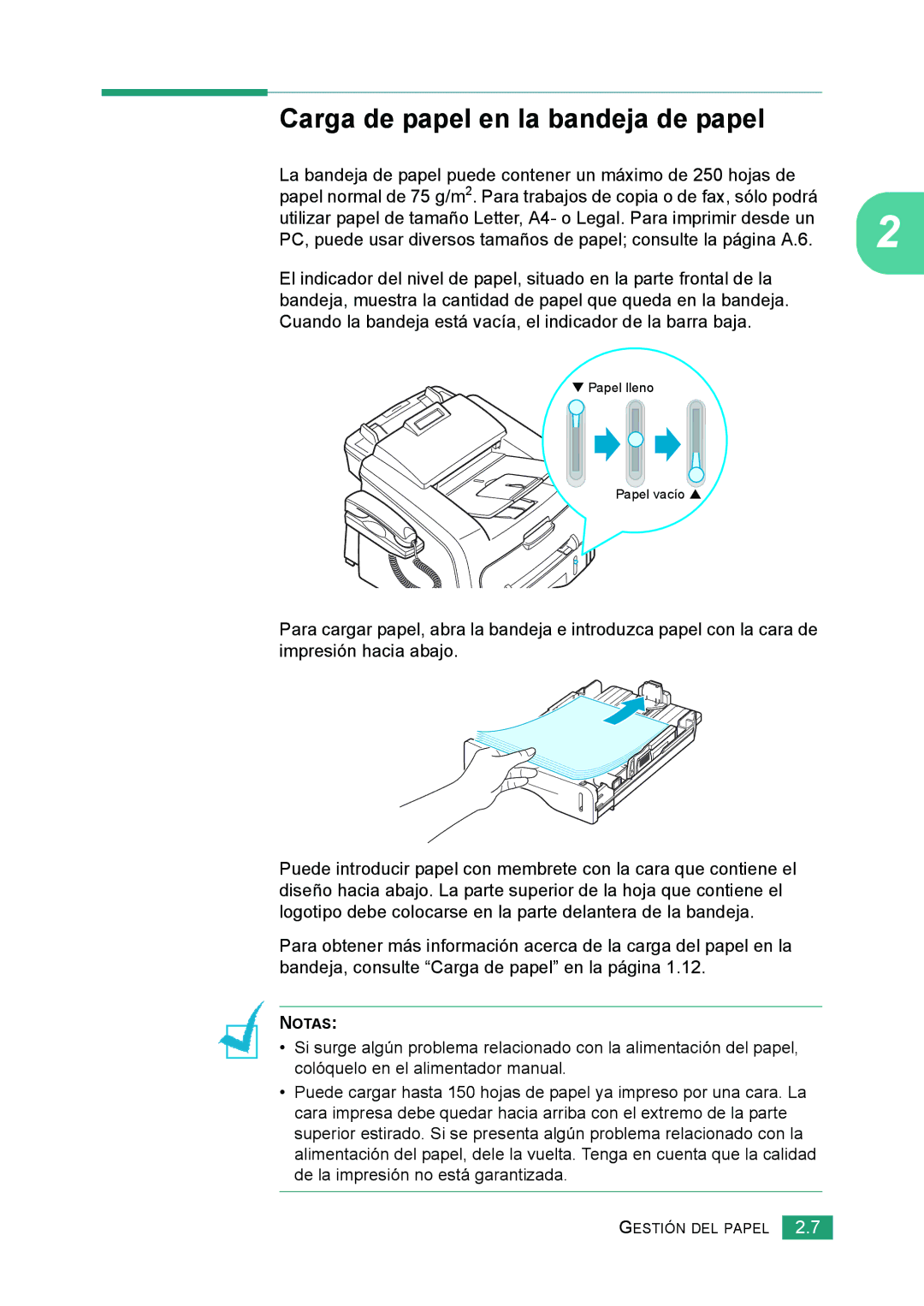 Samsung 560 manual Carga de papel en la bandeja de papel 