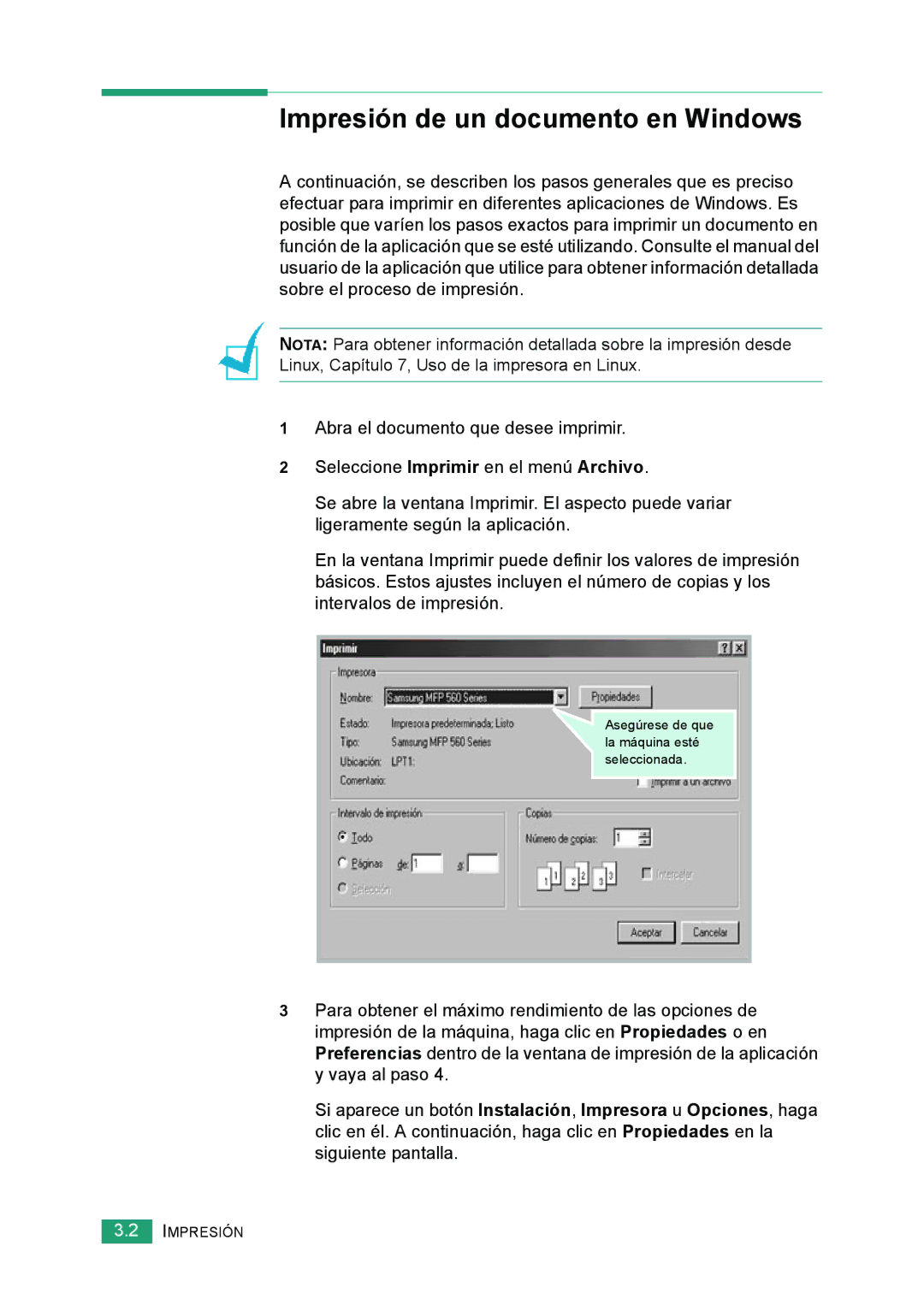 Samsung 560 manual Impresión de un documento en Windows 