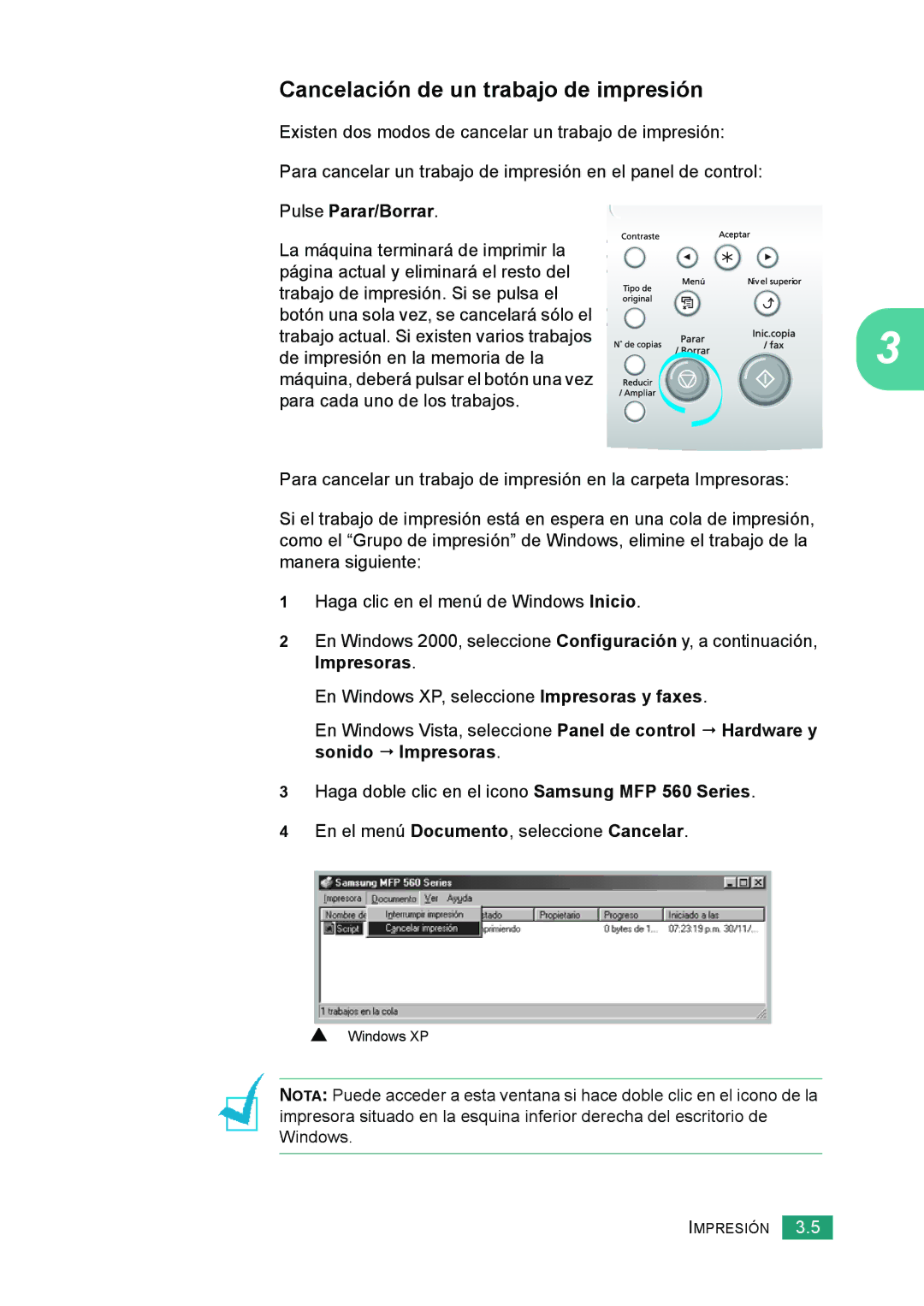 Samsung 560 manual Cancelación de un trabajo de impresión, Pulse Parar/Borrar 