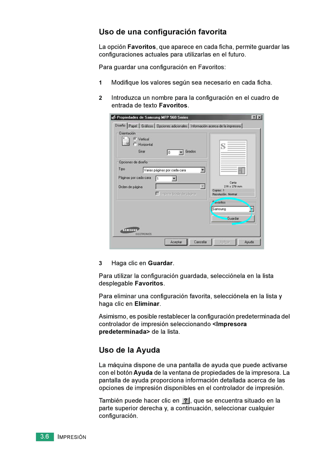 Samsung 560 manual Uso de una configuración favorita, Uso de la Ayuda 