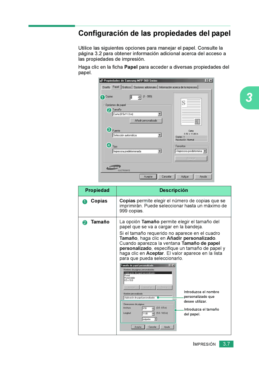 Samsung 560 manual Configuración de las propiedades del papel, Propiedad Descripción 