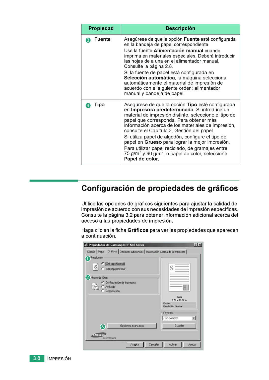 Samsung 560 Configuración de propiedades de gráficos, Tipo, En Impresora predeterminada. Si introduce un, Papel de color 