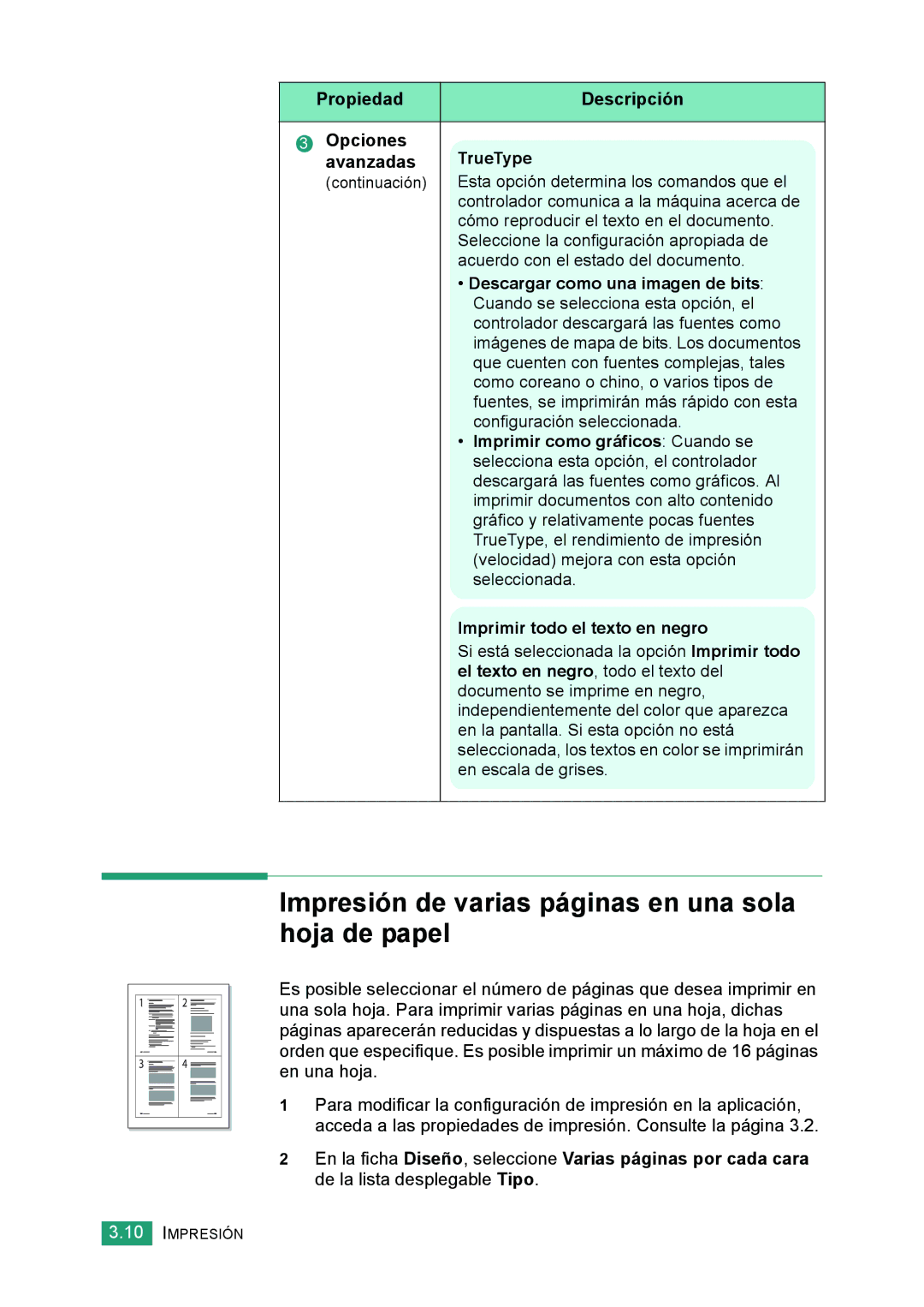 Samsung 560 manual Impresión de varias páginas en una sola hoja de papel, Propiedad Descripción Opciones Avanzadas TrueType 