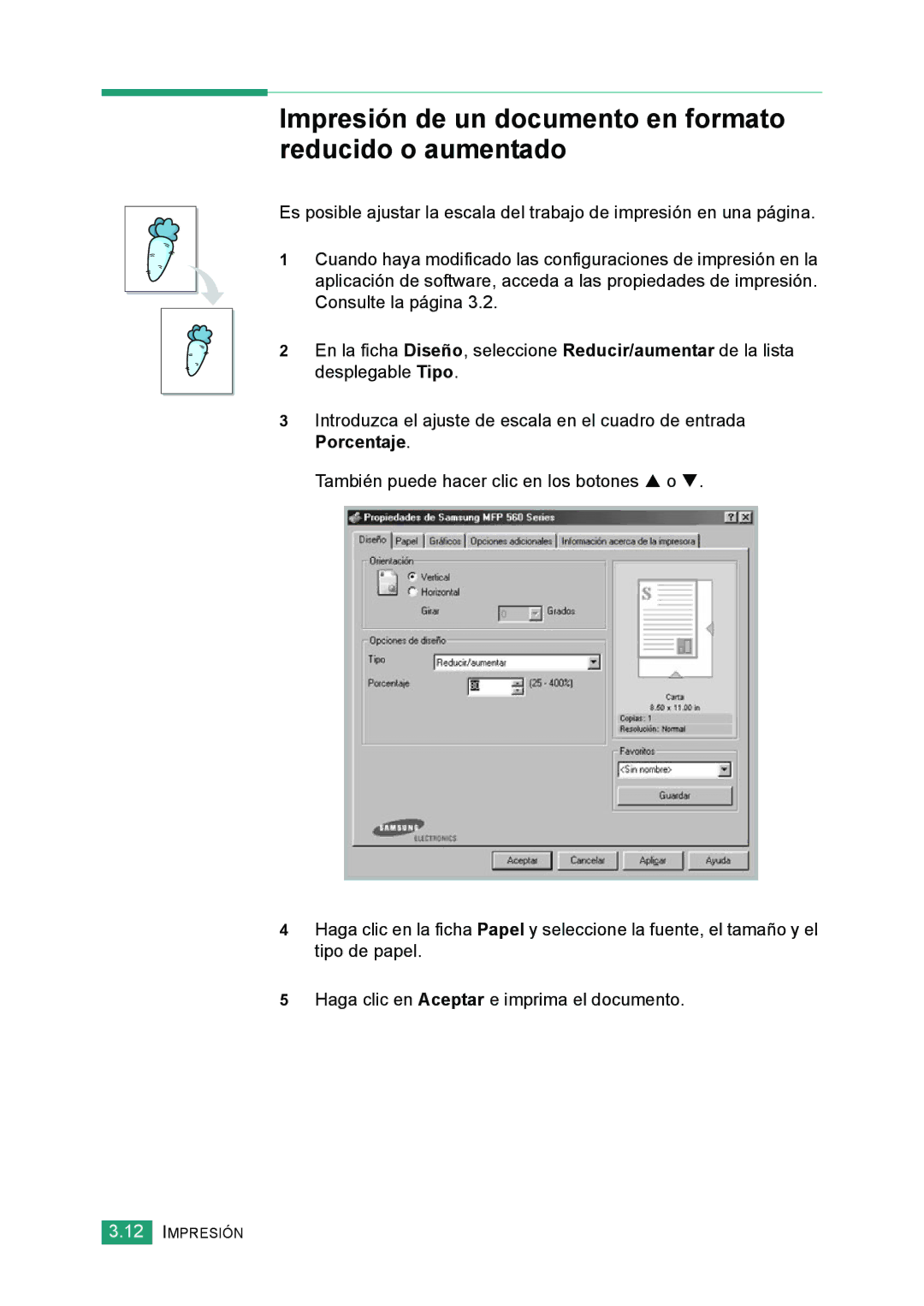 Samsung 560 manual Impresión de un documento en formato reducido o aumentado 