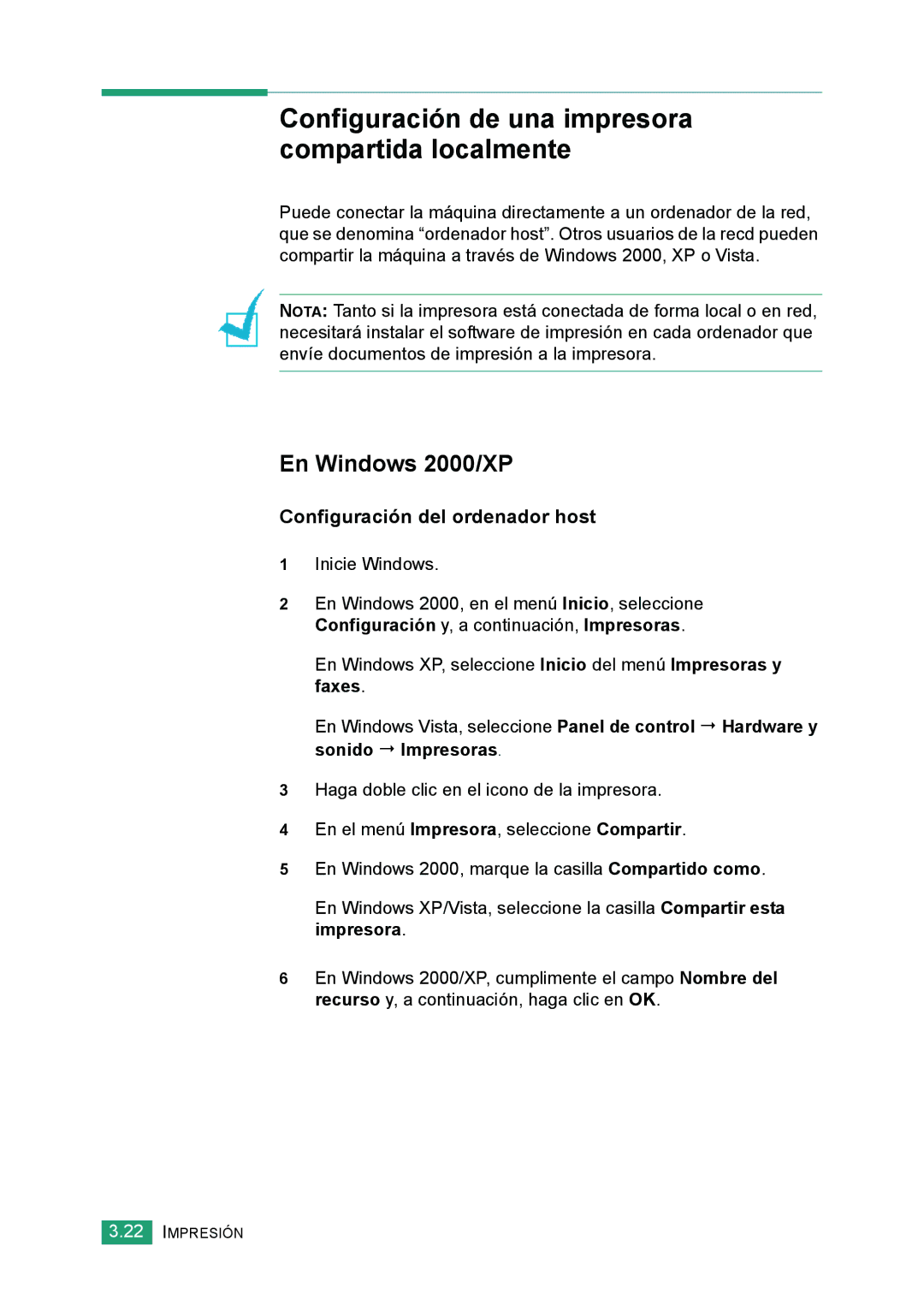 Samsung 560 Configuración de una impresora compartida localmente, En Windows 2000/XP, Configuración del ordenador host 
