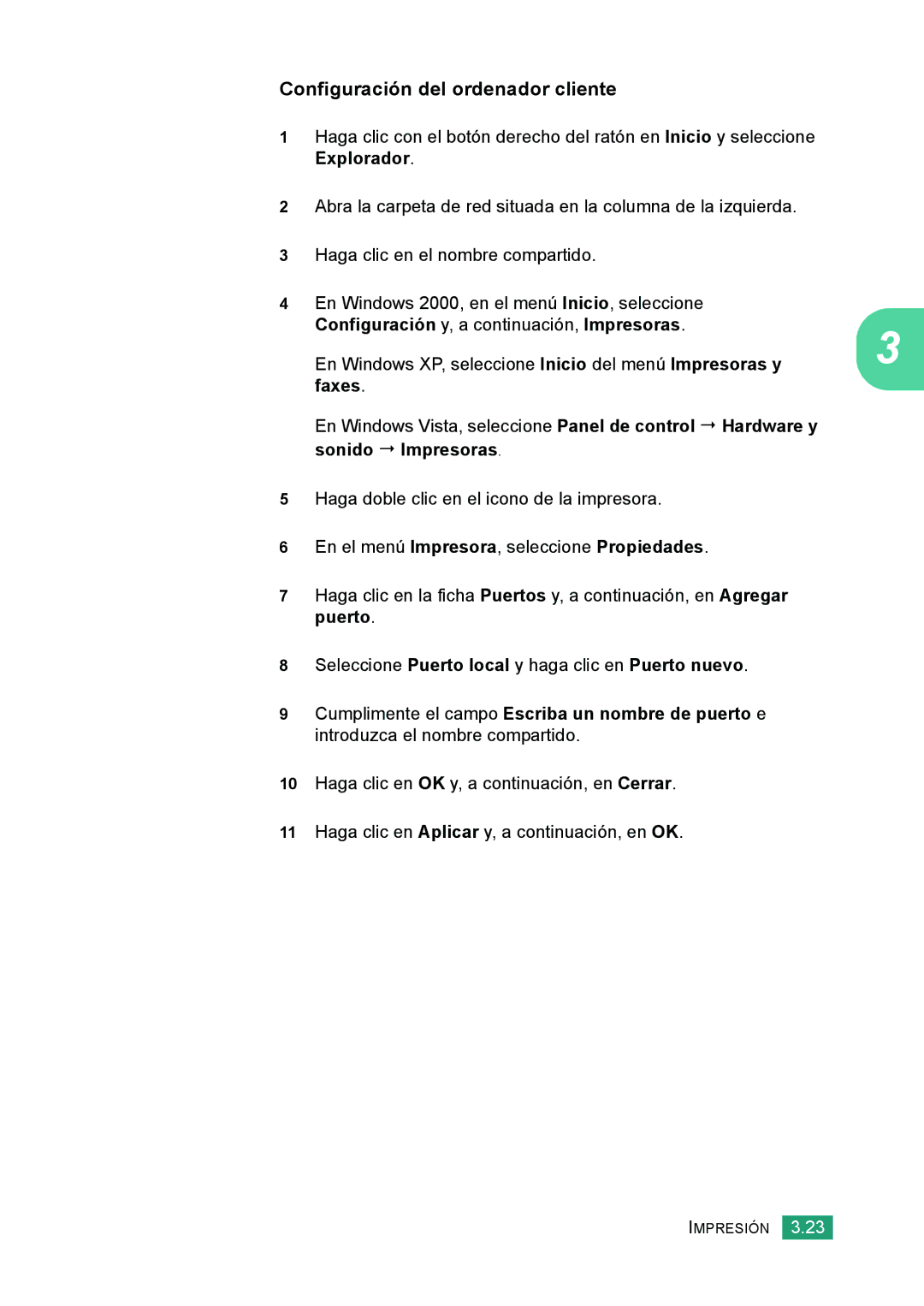 Samsung 560 manual Configuración del ordenador cliente, Explorador, Configuración y, a continuación, Impresoras, Faxes 