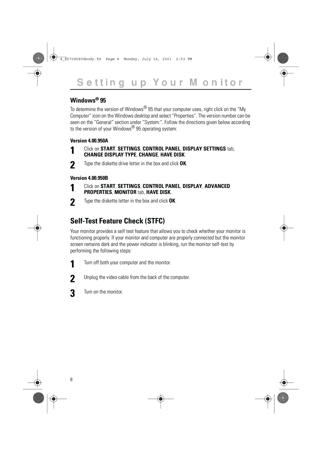 Samsung 570STFT Self-Test Feature Check Stfc, Version 4.00.950A, Version 4.00.950B, PROPERTIES, Monitor tab, have Disk 