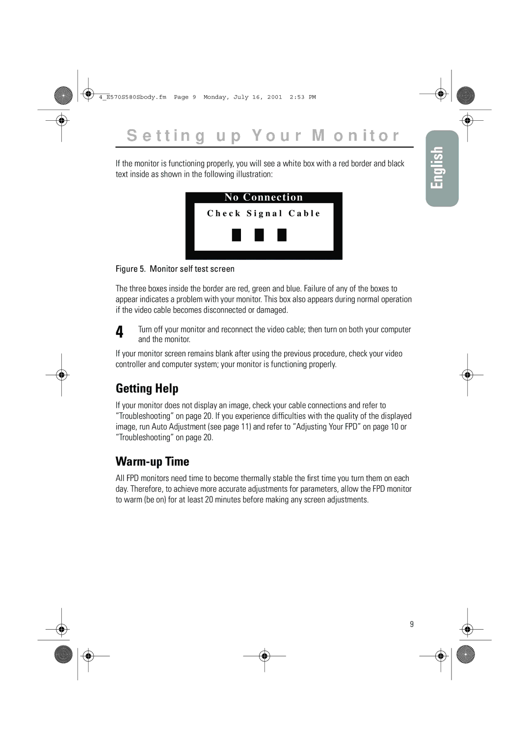 Samsung 580STFT, 570STFT manual Getting Help, Warm-up Time, Monitor 