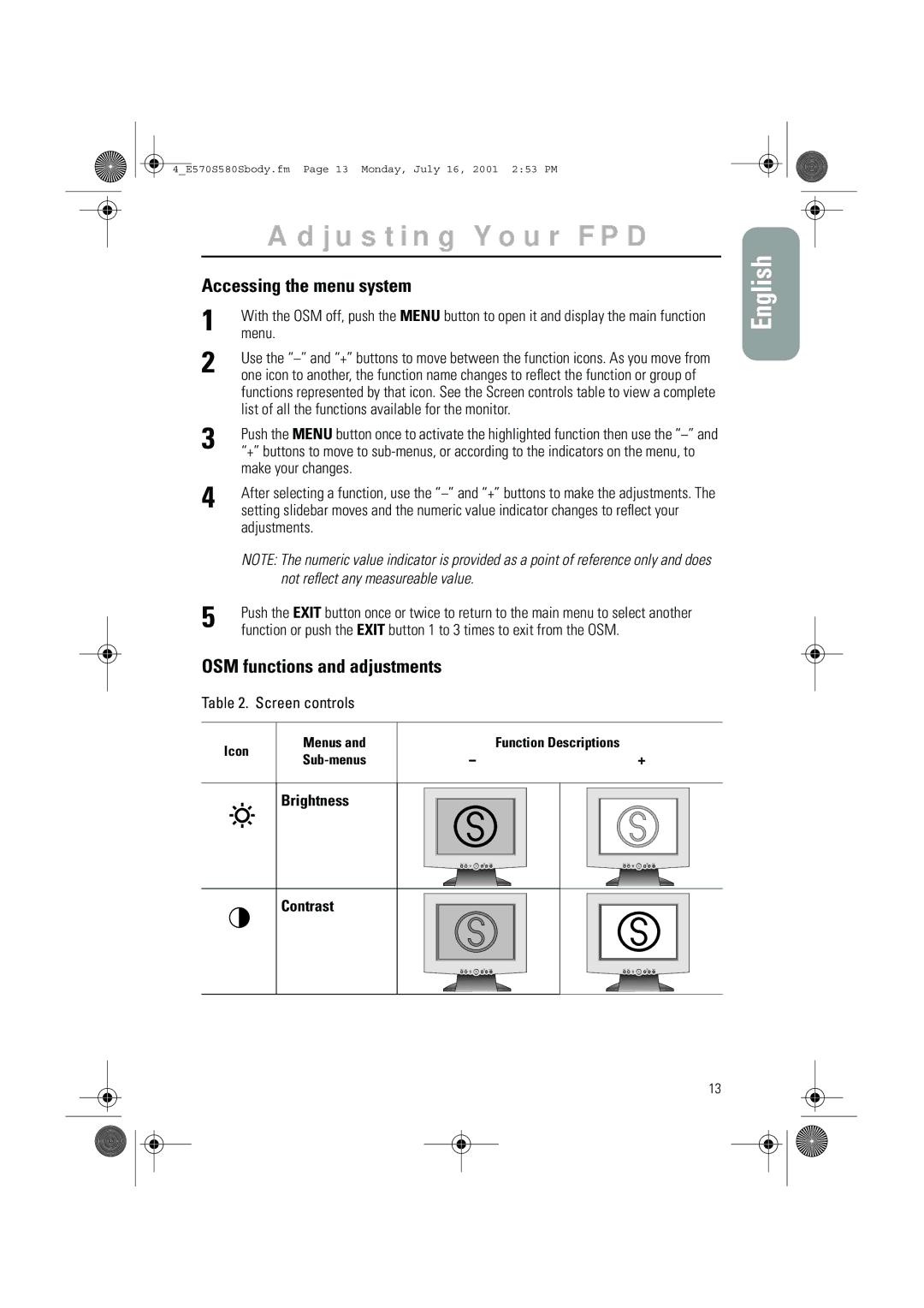 Samsung 580STFT, 570STFT manual Accessing the menu system, OSM functions and adjustments, Brightness Contrast 