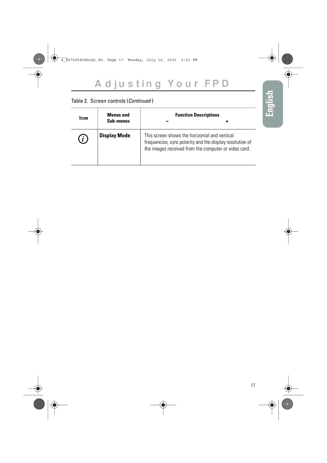 Samsung 580STFT, 570STFT manual Display Mode This screen shows the horizontal and vertical 