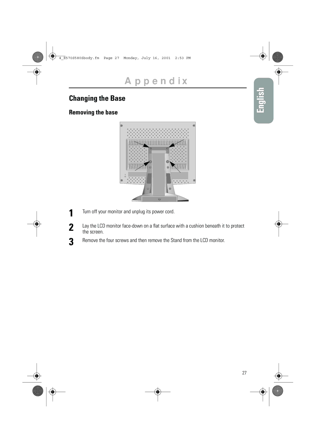 Samsung 580STFT, 570STFT Changing the Base, Removing the base, Turn off your monitor and unplug its power cord, Screen 