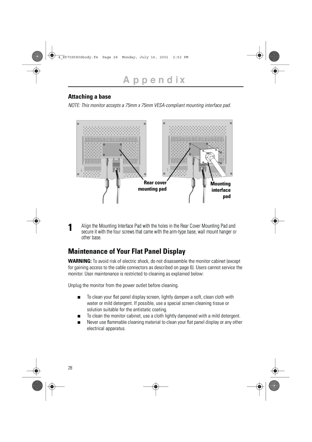 Samsung 570STFT, 580STFT manual Maintenance of Your Flat Panel Display, Attaching a base 