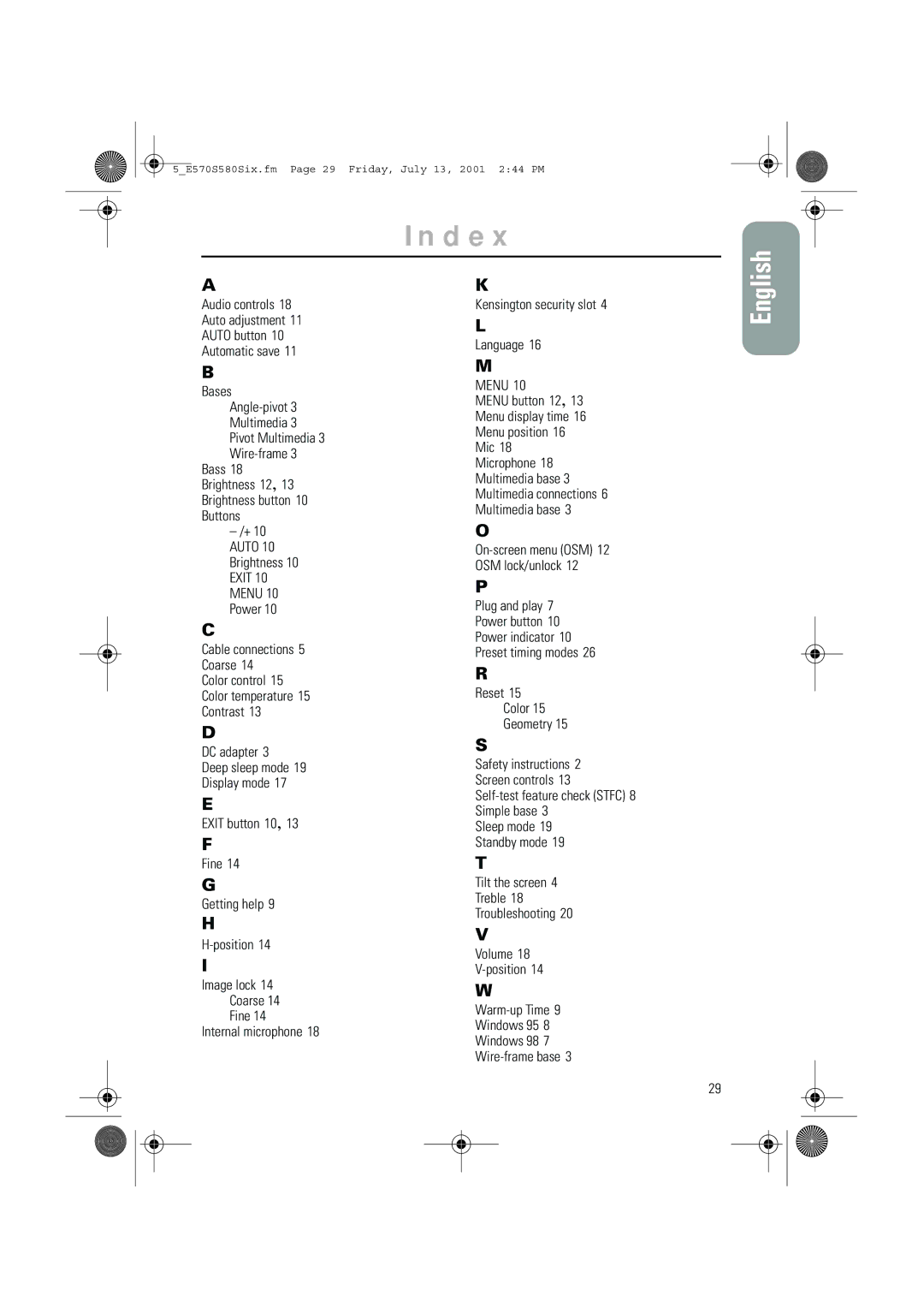 Samsung 580STFT, 570STFT manual Index, Menu 