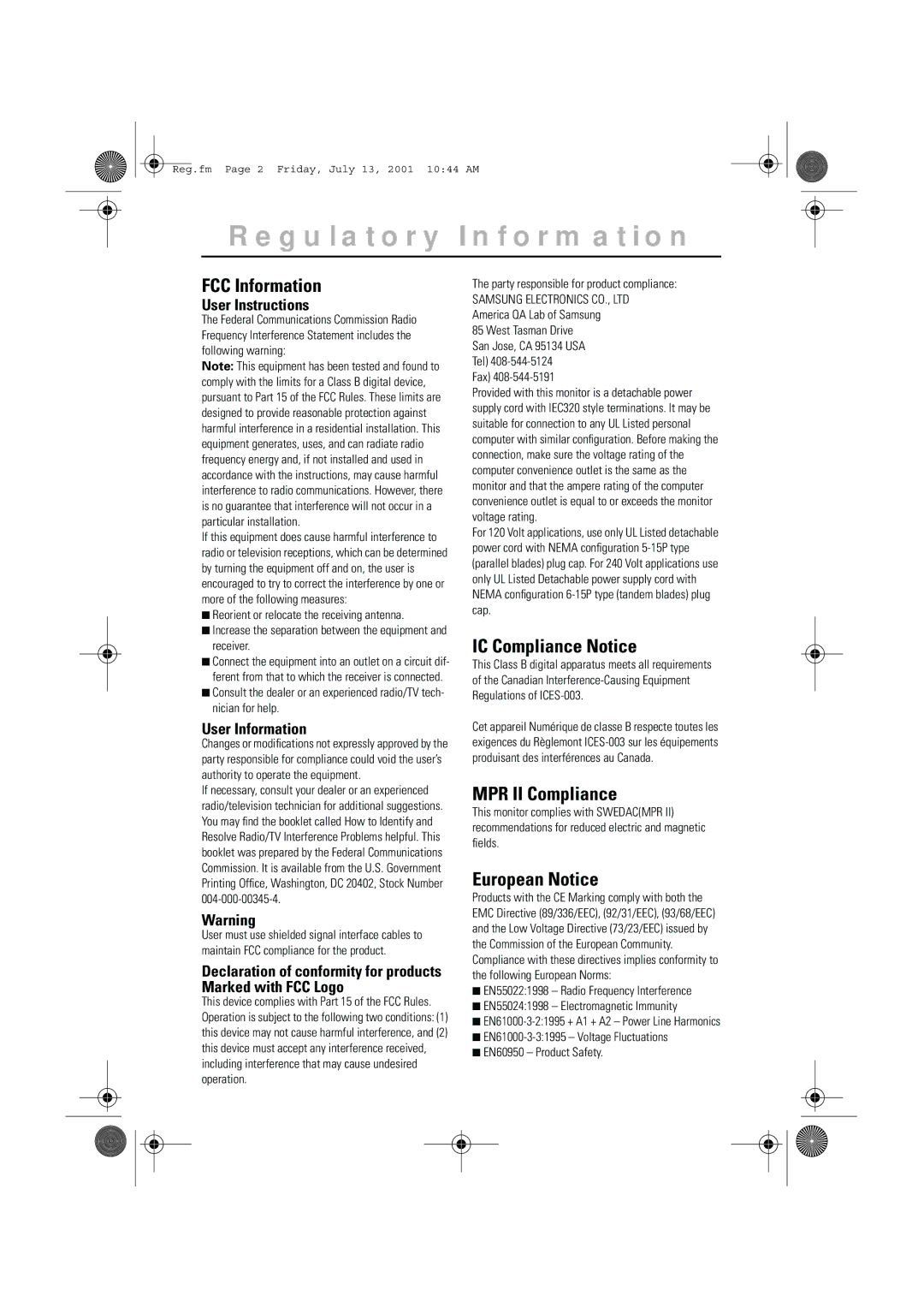 Samsung 570STFT, 580STFT Regulatory Information, FCC Information, IC Compliance Notice, MPR II Compliance, European Notice 