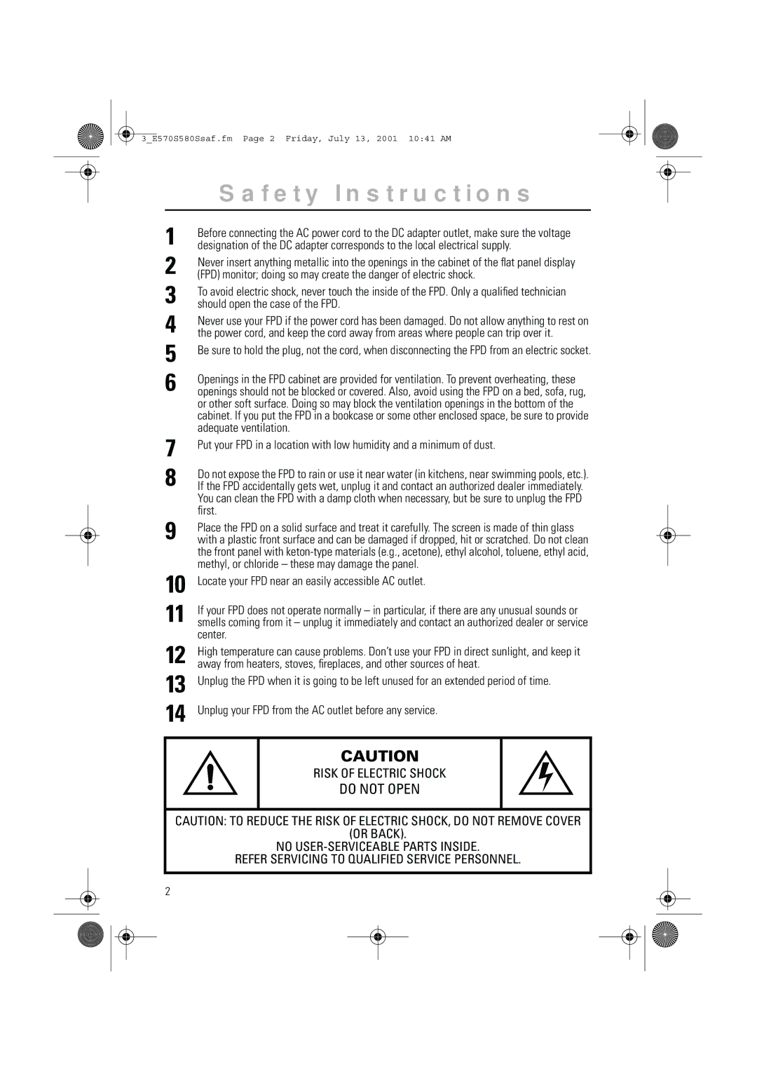 Samsung 570STFT, 580STFT manual Safety Instructions, Do not Open 