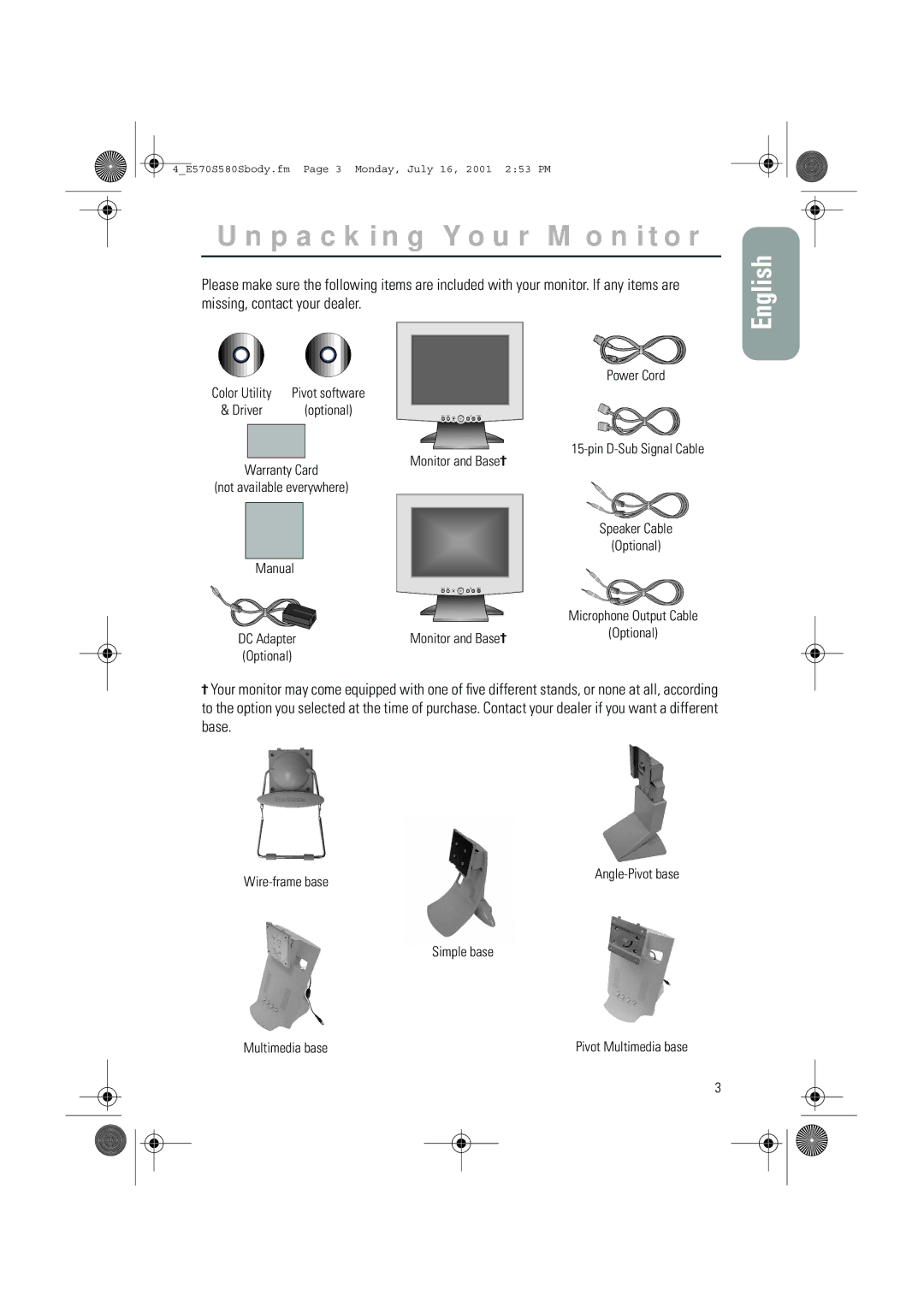 Samsung 580STFT, 570STFT manual Unpacking Your Monitor, English 