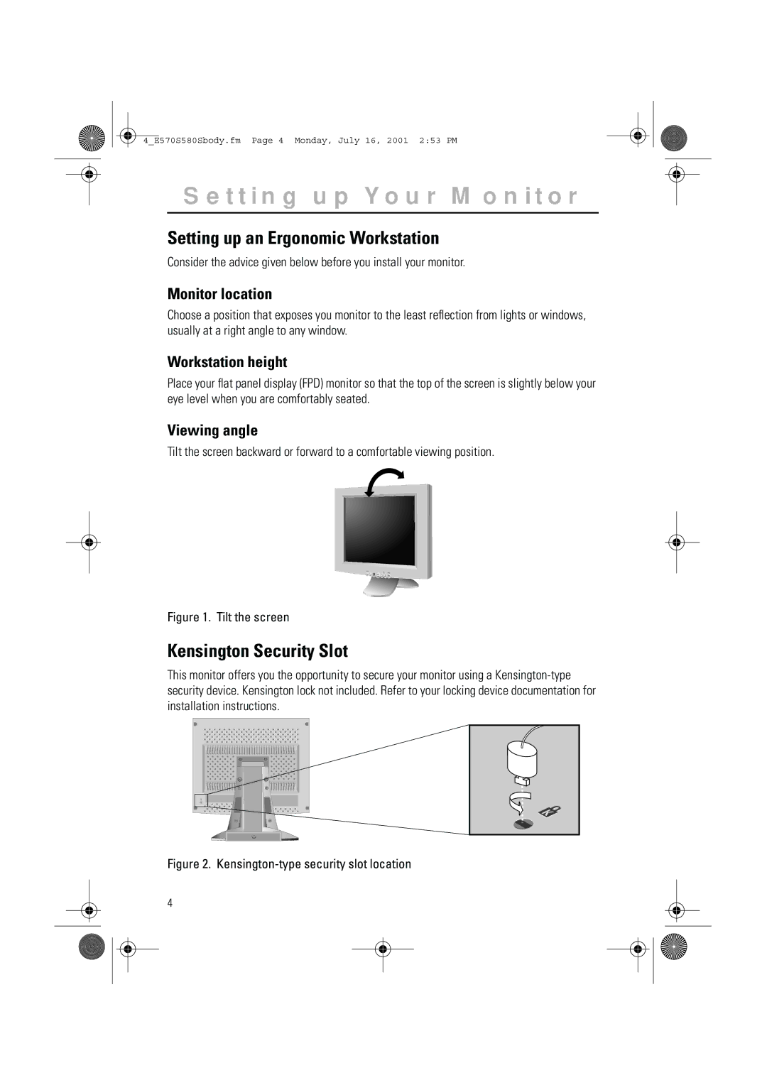 Samsung 570STFT, 580STFT manual Setting up Your Monitor, Setting up an Ergonomic Workstation, Kensington Security Slot 