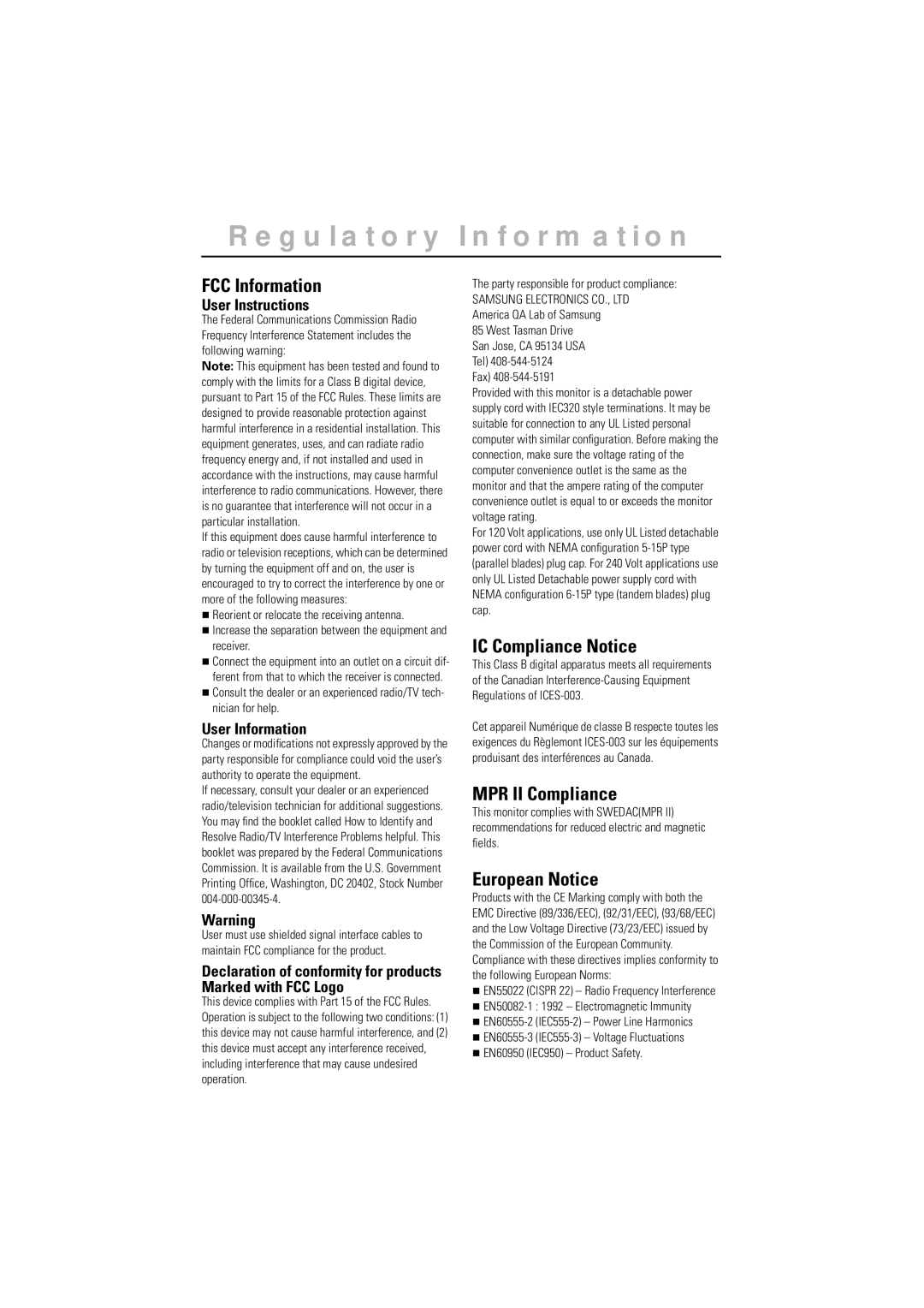 Samsung CN15LSAN/SDC Regulatory Information, FCC Information, IC Compliance Notice, MPR II Compliance, European Notice 