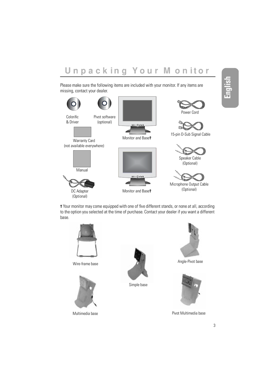 Samsung CN15LSBAS/EDC, 570STFT, CN15LSPS/EDC, CN15LSAPN/EDC, CN15LSPN/XEU, RN15LSTMN/EDC manual Unpacking Your Monitor, English 