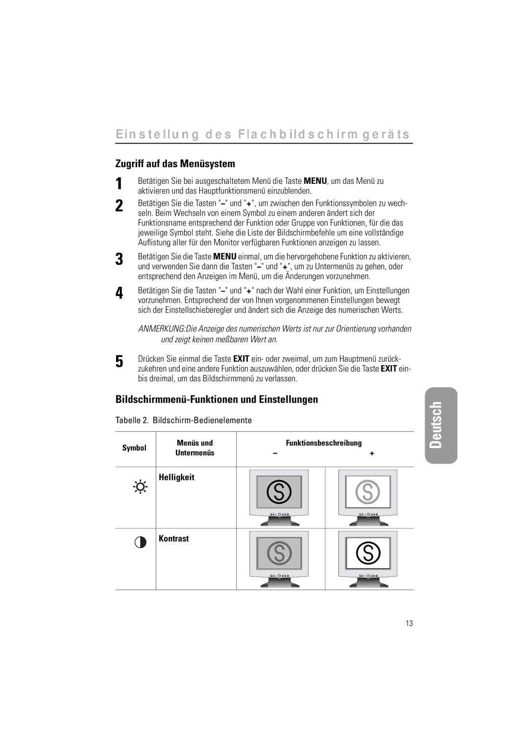 Samsung CN15LSAN/EDC, 570STFT Zugriff auf das Menüsystem, Bildschirmmenü-Funktionen und Einstellungen, Helligkeit Kontrast 