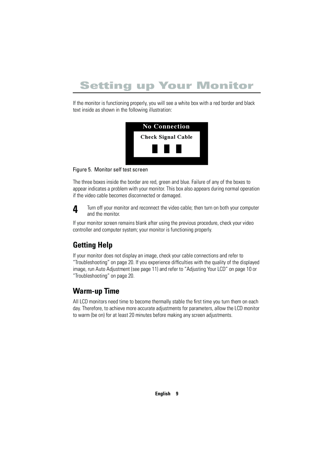 Samsung 570VTFT manual Getting Help, Warm-up Time, Monitor 