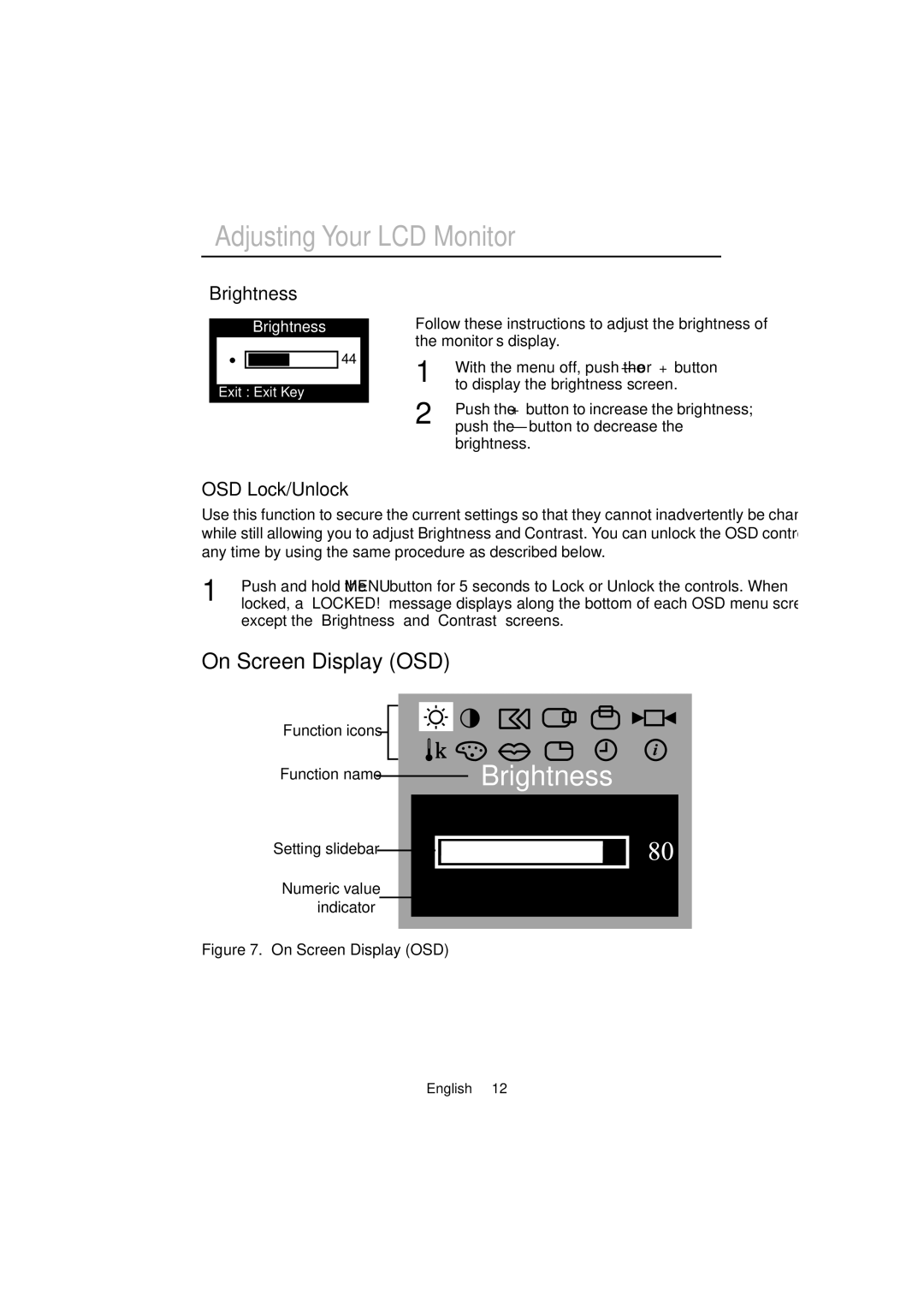 Samsung 570VTFT manual On Screen Display OSD, Brightness, OSD Lock/Unlock, Function icons Function name 