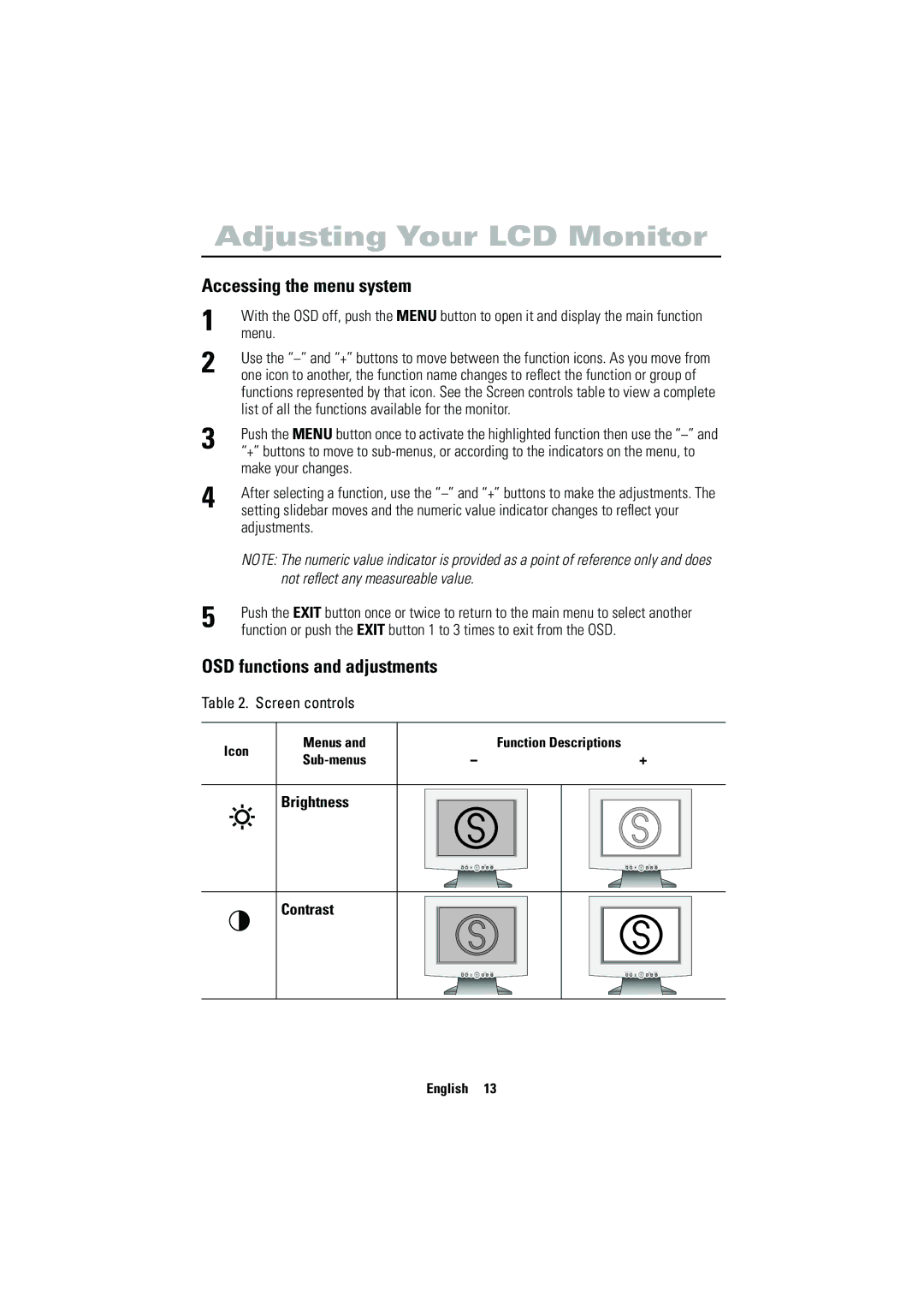 Samsung 570VTFT manual Accessing the menu system, OSD functions and adjustments, Brightness Contrast 