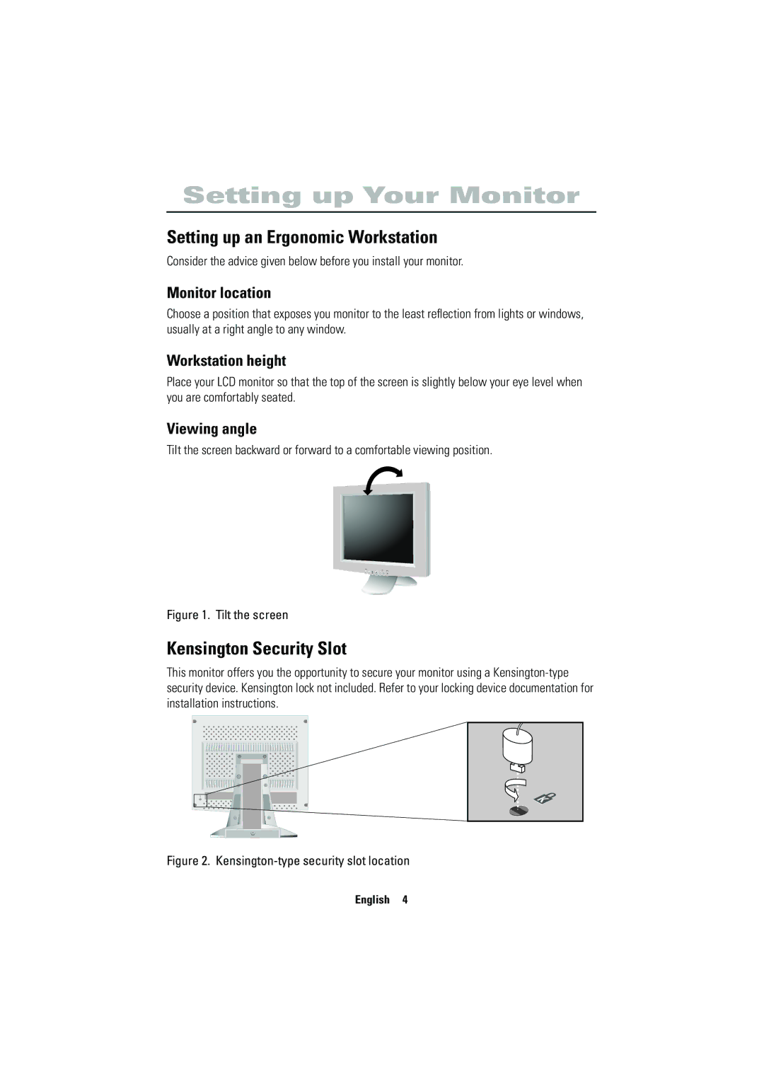 Samsung 570VTFT manual Setting up Your Monitor, Setting up an Ergonomic Workstation, Kensington Security Slot 