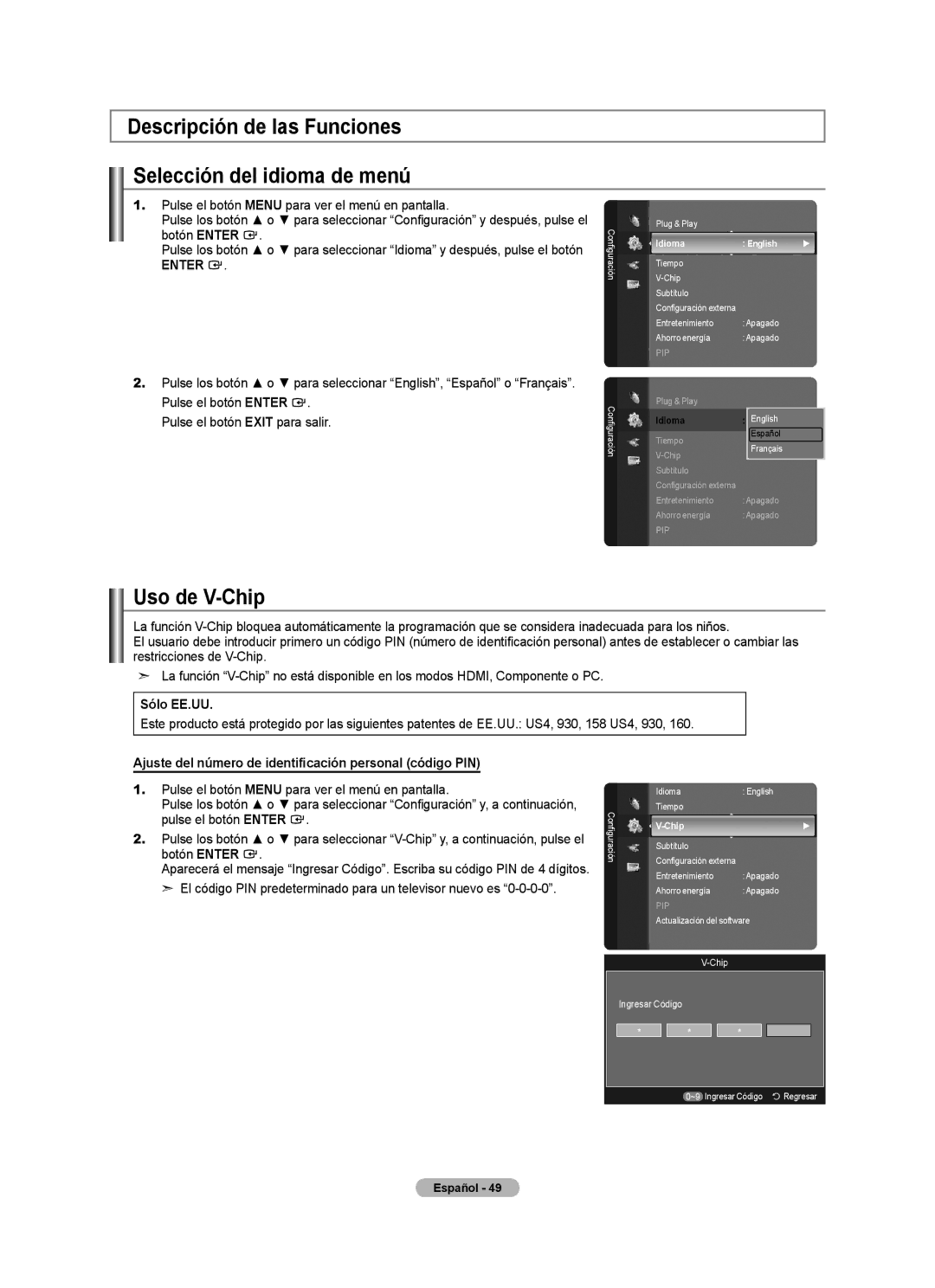 Samsung LN52A580P6F, LN2A80P6F Descripción de las Funciones Selección del idioma de menú, Uso de V-Chip, Idioma 