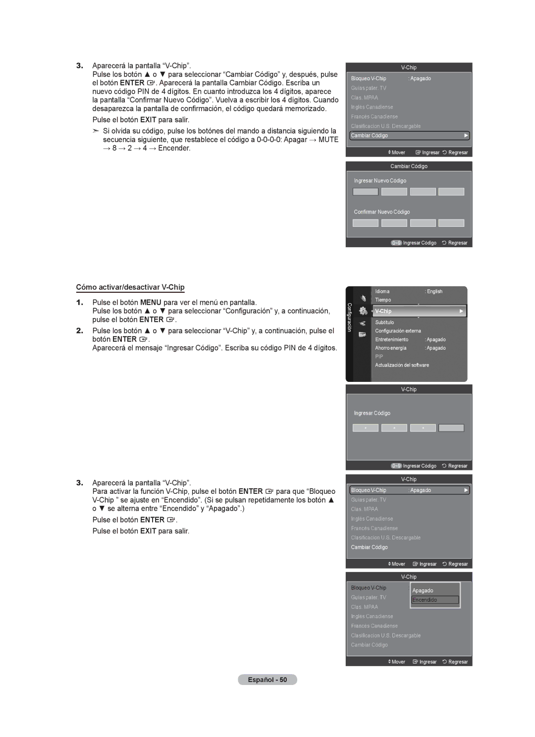 Samsung LN52A580P6F, LN2A80P6F, LN46A580P6F user manual Cómo activar/desactivar V-Chip, Aparecerá la pantalla V-Chip 