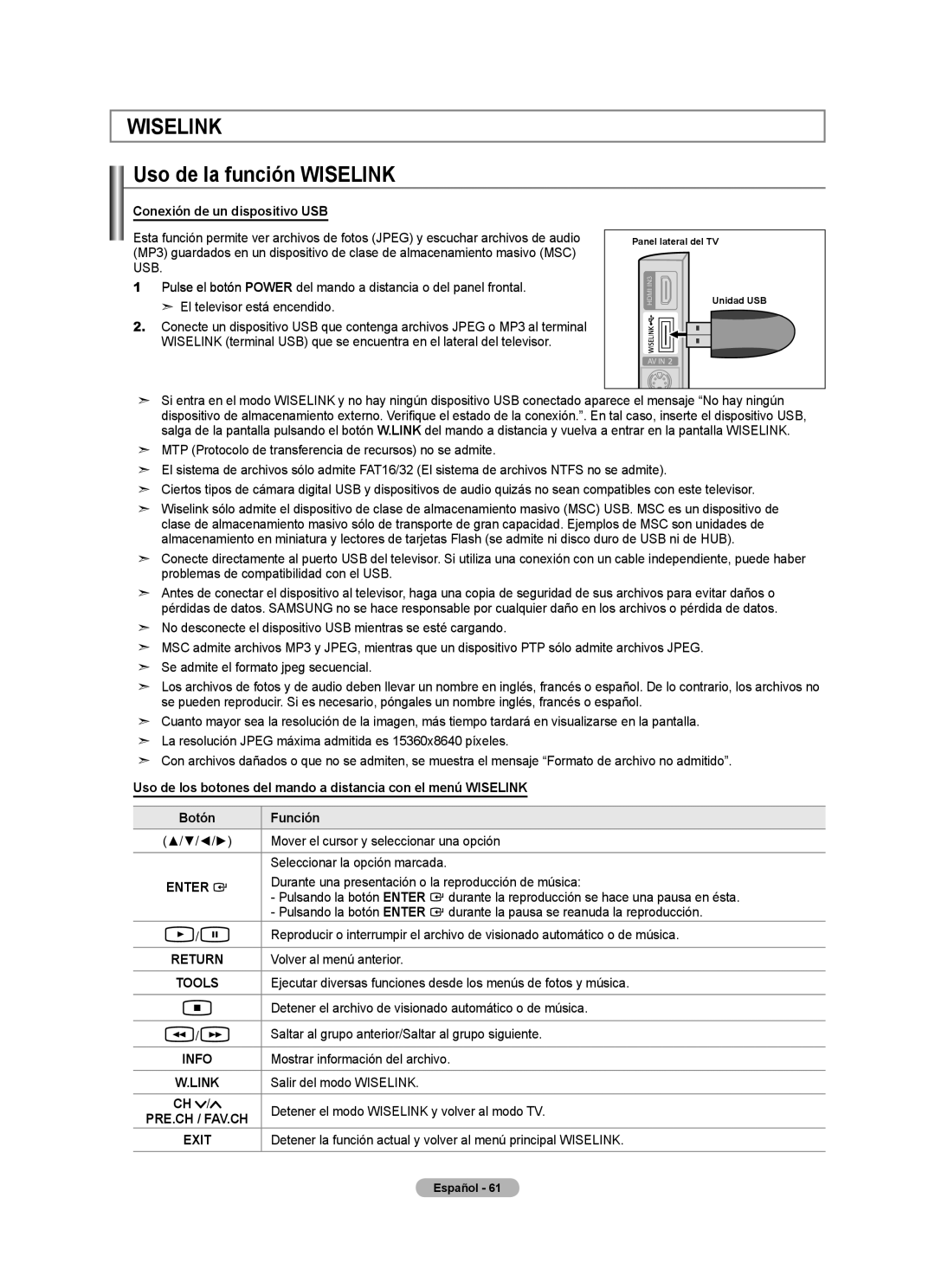 Samsung LN52A580P6F, LN2A80P6F, LN46A580P6F user manual Uso de la función Wiselink, Conexión de un dispositivo USB 