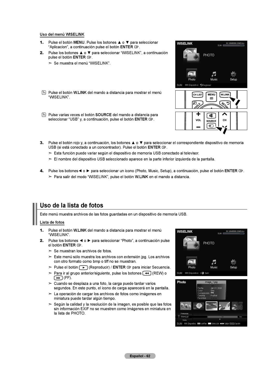 Samsung LN52A580P6F, LN2A80P6F, LN46A580P6F user manual Uso de la lista de fotos, Uso del menú Wiselink, Lista de fotos 