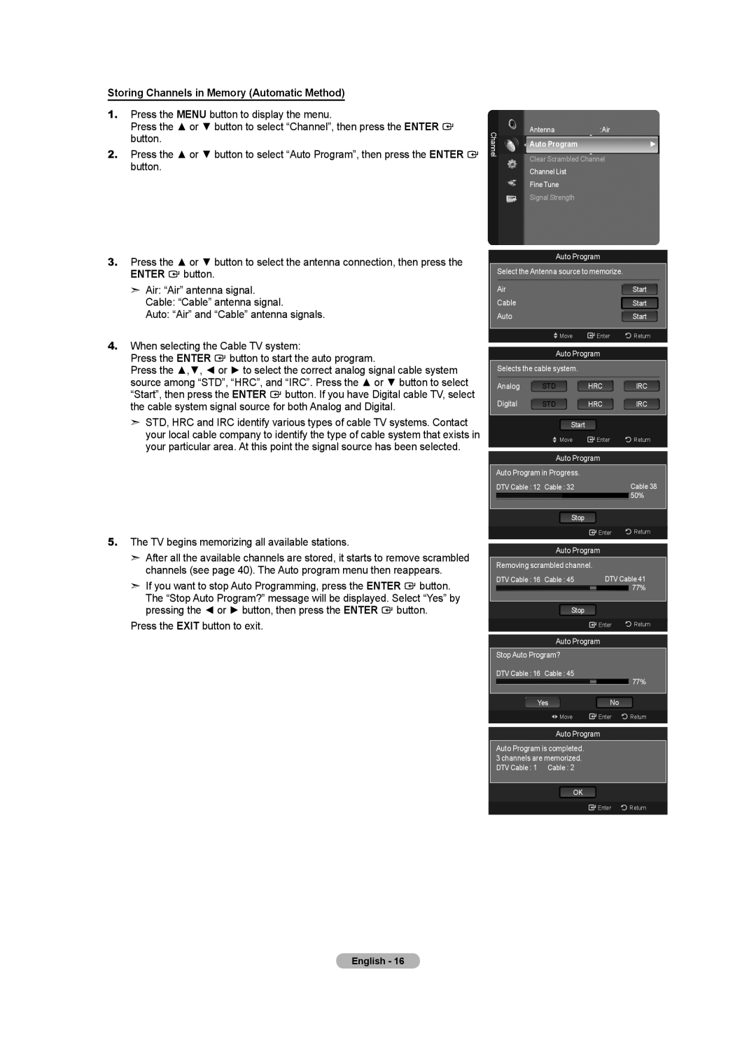 Samsung LN2A80P6F Storing Channels in Memory Automatic Method, TV begins memorizing all available stations, Auto Program 