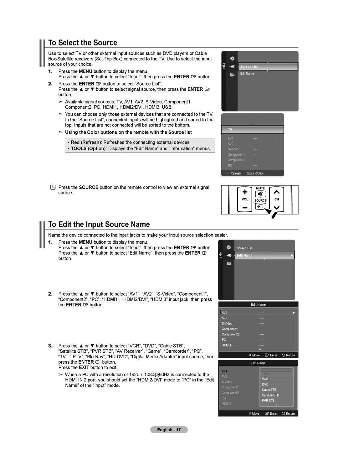 Samsung LN46A580P6F, LN52A580P6F, LN2A80P6F user manual To Select the Source, To Edit the Input Source Name, Edit Name 