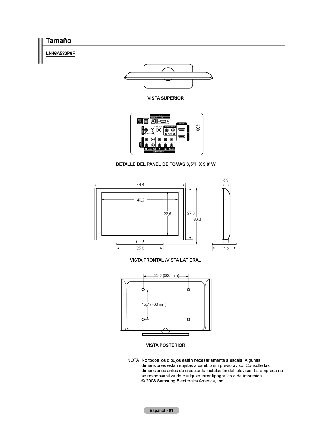 Samsung LN2A80P6F, LN52A580P6F, LN46A580P6F user manual Tamaño, Vista Posterior 