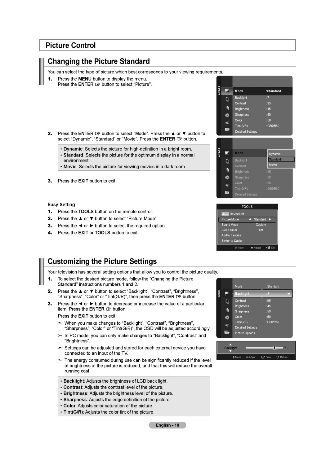 Samsung LN52A580P6F Picture Control Changing the Picture Standard, Customizing the Picture Settings, Backlight 