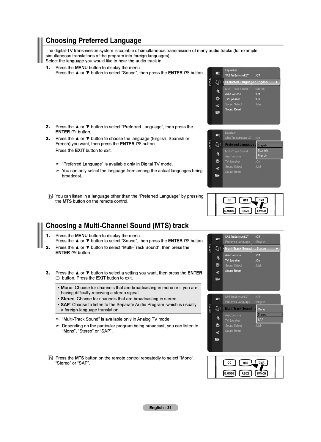 Samsung LN52A580P6F Choosing Preferred Language, Choosing a Multi-Channel Sound MTS track, Preferred Language English 