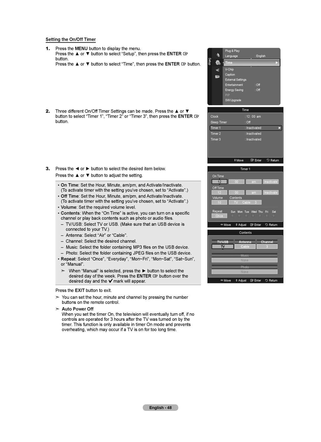 Samsung LN2A80P6F, 580 Setting the On/Off Timer, Volume Set the required volume level, Auto Power Off, Contents, Channel 