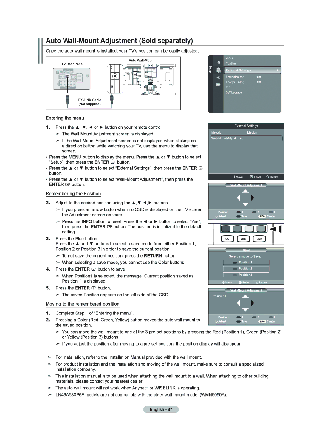 Samsung LN52A580P6F, LN2A80P6F Auto Wall-Mount Adjustment Sold separately, Entering the menu, Remembering the Position 