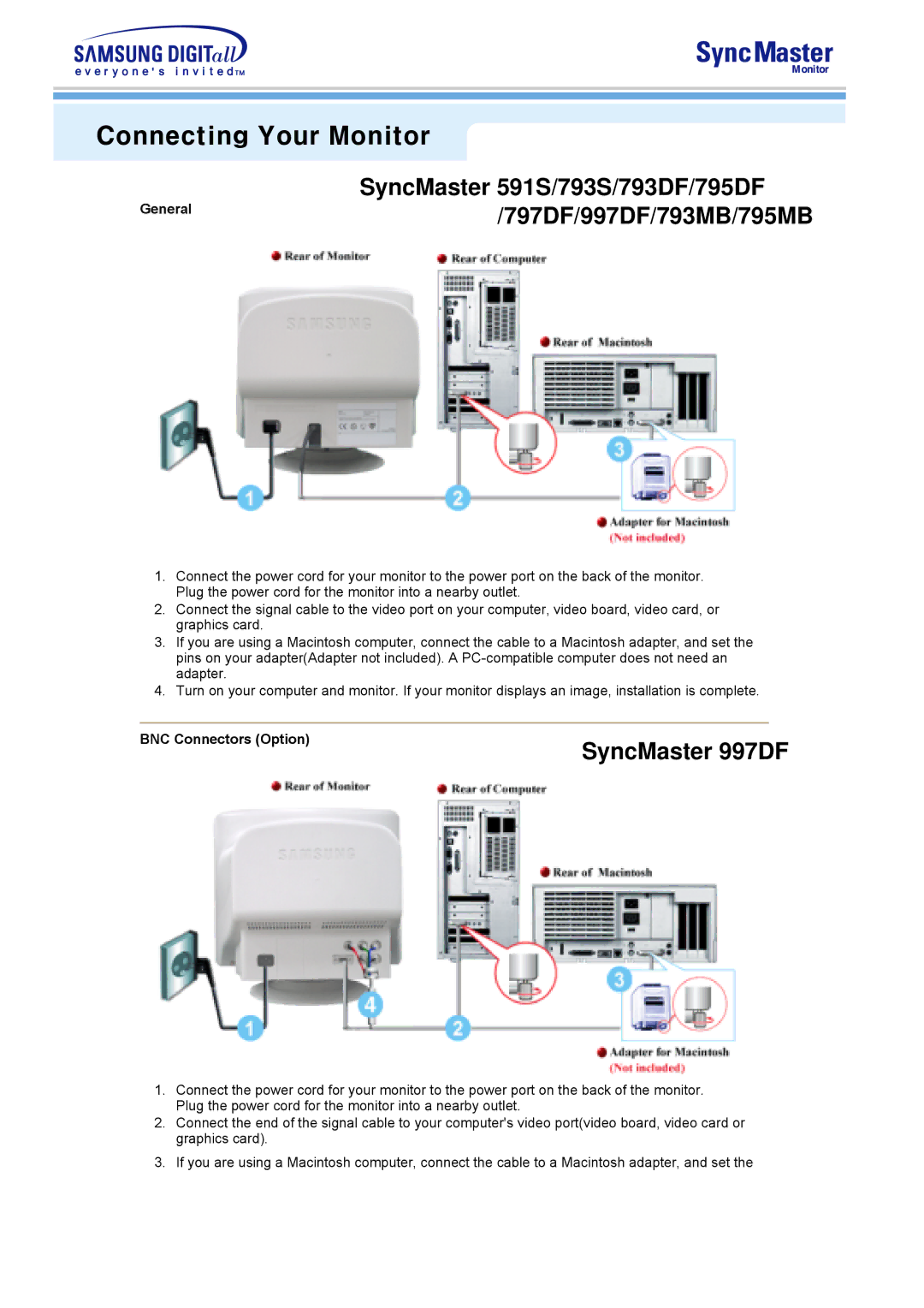 Samsung 591S, 793S, 793DF, 795DF, 797DF, 997DF, 793MB, 795MB manual Connecting Your Monitor 