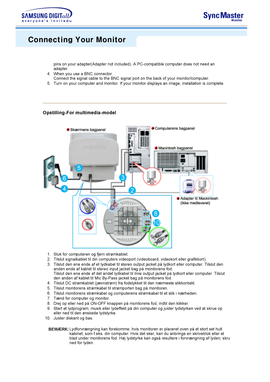 Samsung 591S, 793S, 793DF, 795DF, 797DF, 997DF, 793MB, 795MB manual Opstilling-For multimedia-model 