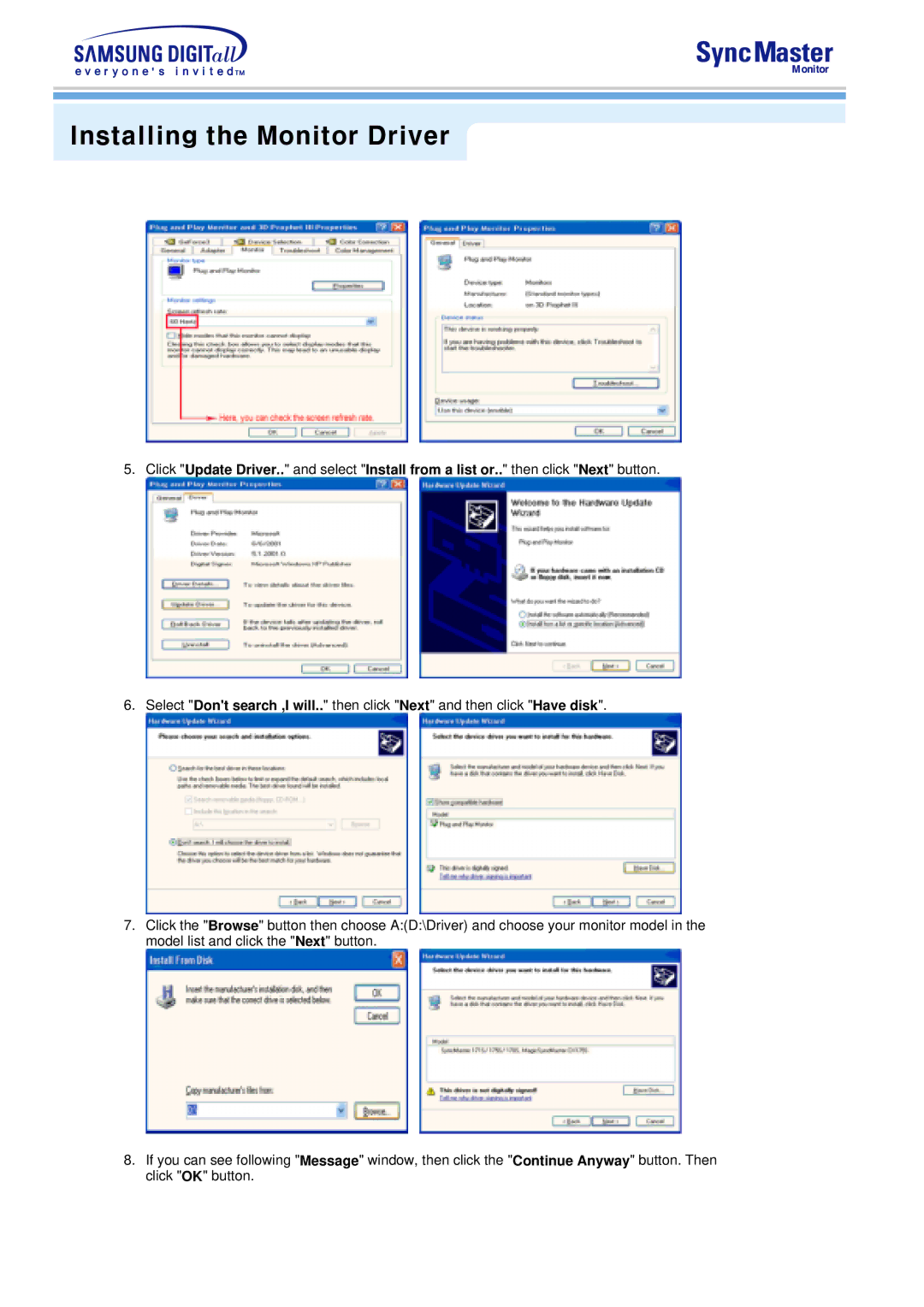 Samsung 591S, 793S, 793DF, 795DF, 797DF, 997DF, 793MB, 795MB manual Installing the Monitor Driver 