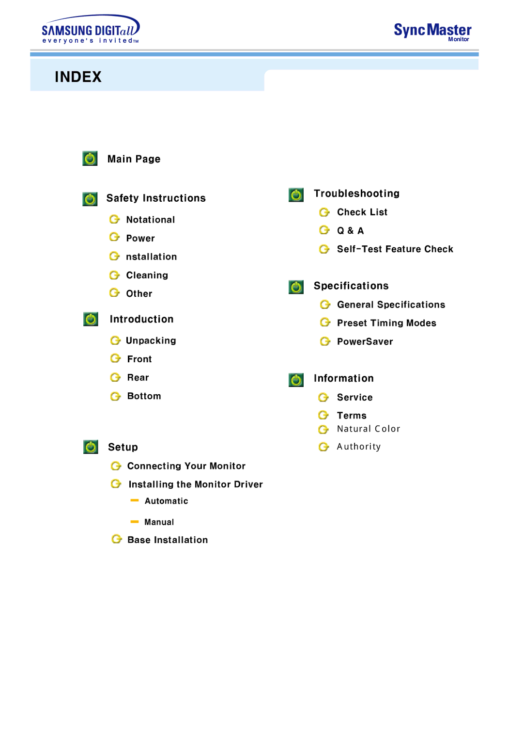 Samsung 591S, 793S, 793DF, 795DF, 797DF, 997DF, 793MB, 795MB manual Index 